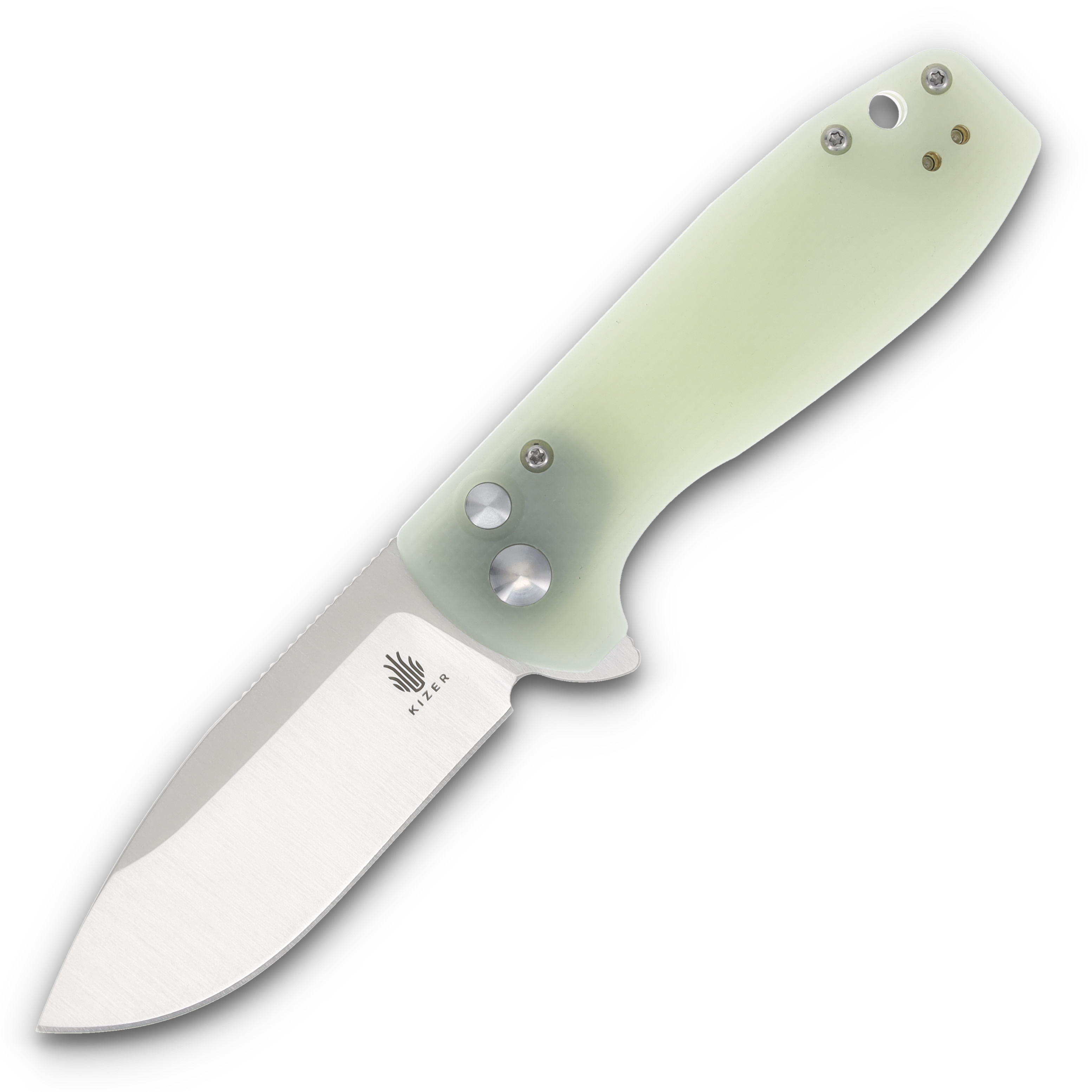 Kizer Amicus Button Lock Jade 2.95 Inch Plain Satin Drop Point L3002A2 View 1