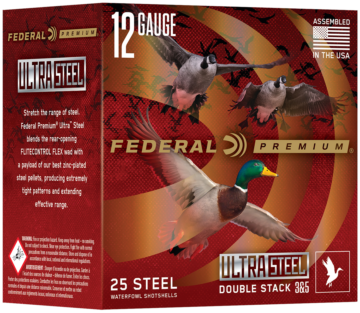 Federal Premium 12 Gauge Shotshell 25 Rounds 3in 1-1/4oz Ultra Steel Double Stack #3 & #5 Zinc Plated Steel Birdshot PWUX1422BB View 1