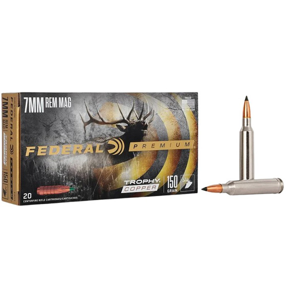Federal Premium 7mm Remington Magnum Rifle Ammunition 20 Rounds Nickel Plated Brass 150 Grain Trophy Copper P7RTC3 View 1