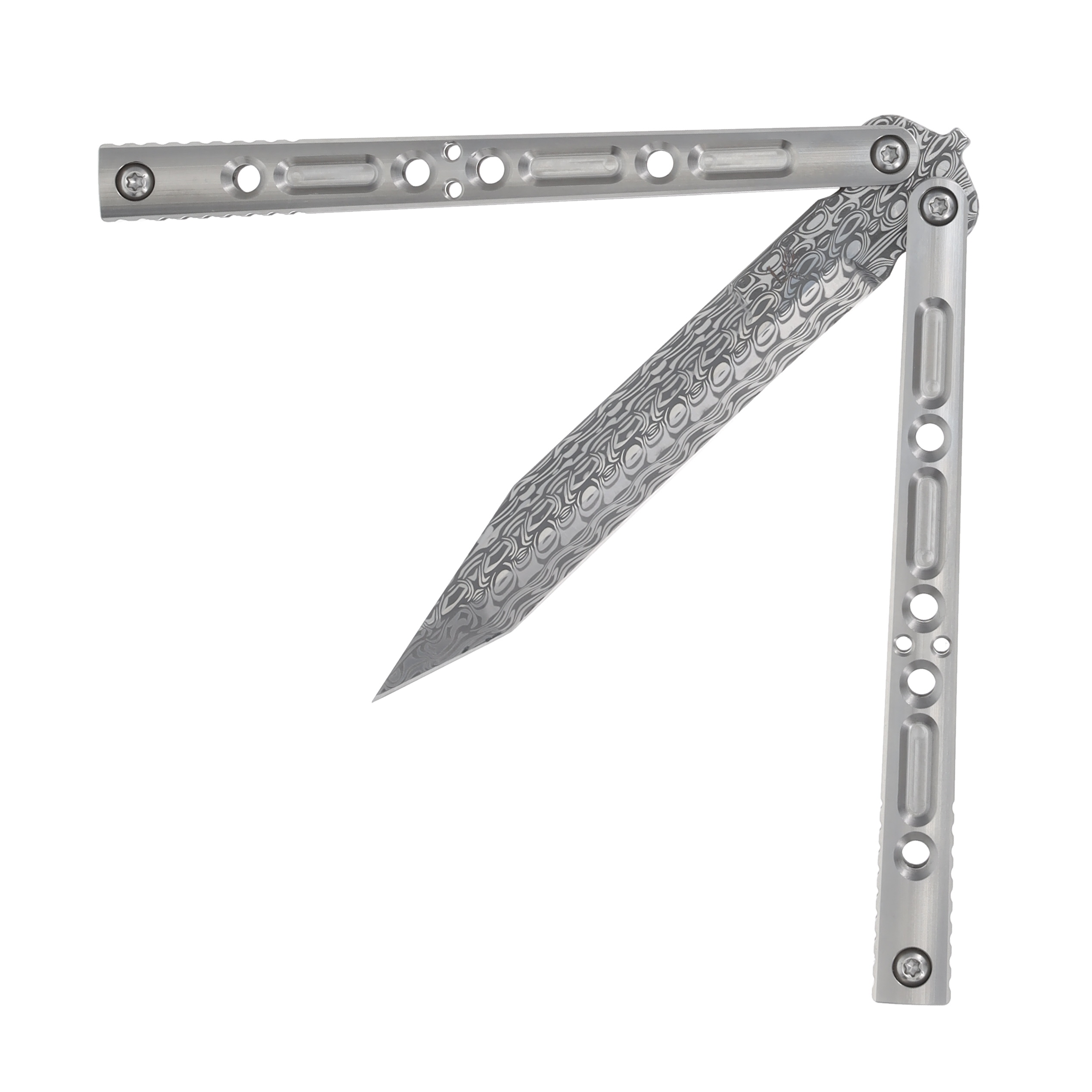 Lovins Customs Strix Balisong Damasteel Satin Titanium CLV05 View 4