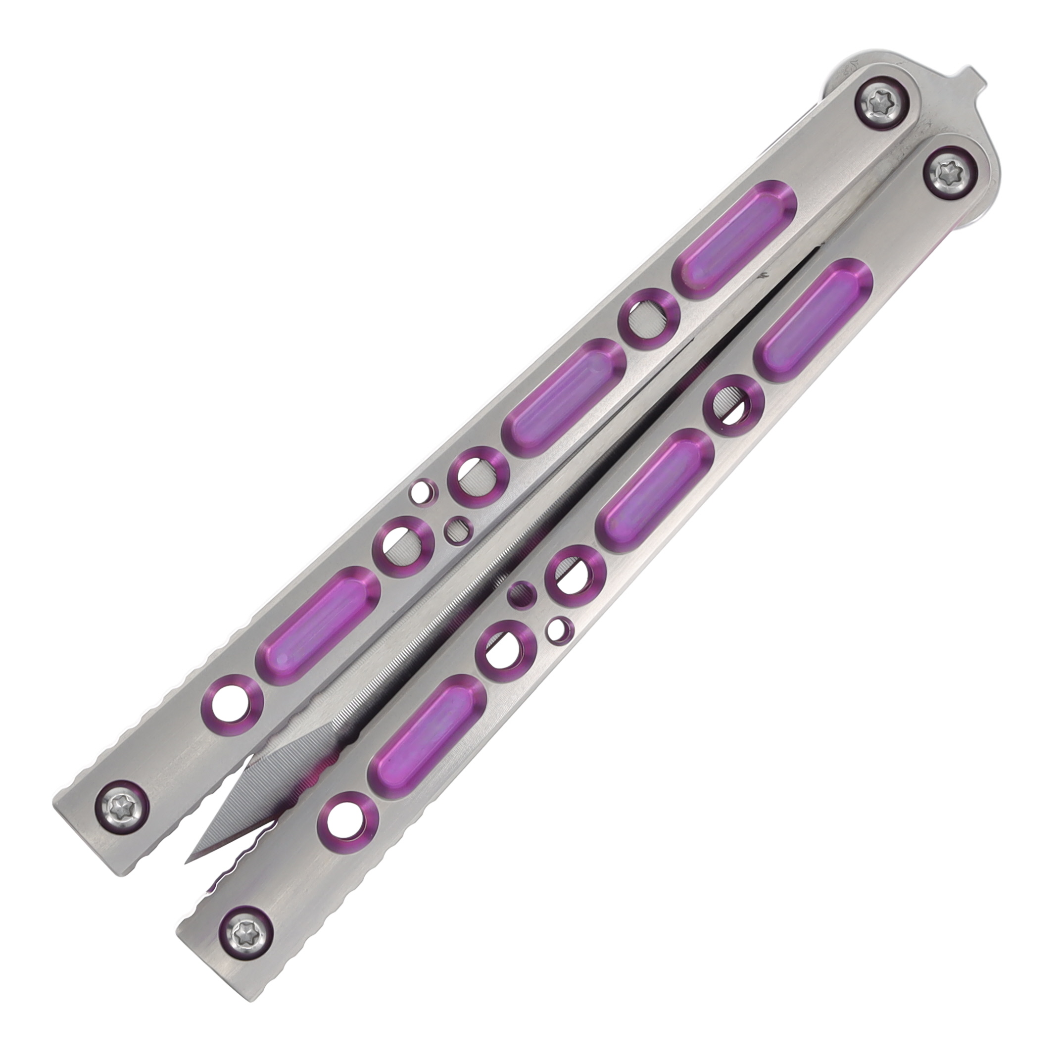 Lovins Customs Strix Balisong Satin Titanium with Pink Ano Inserts S35VN CLV17 View 5