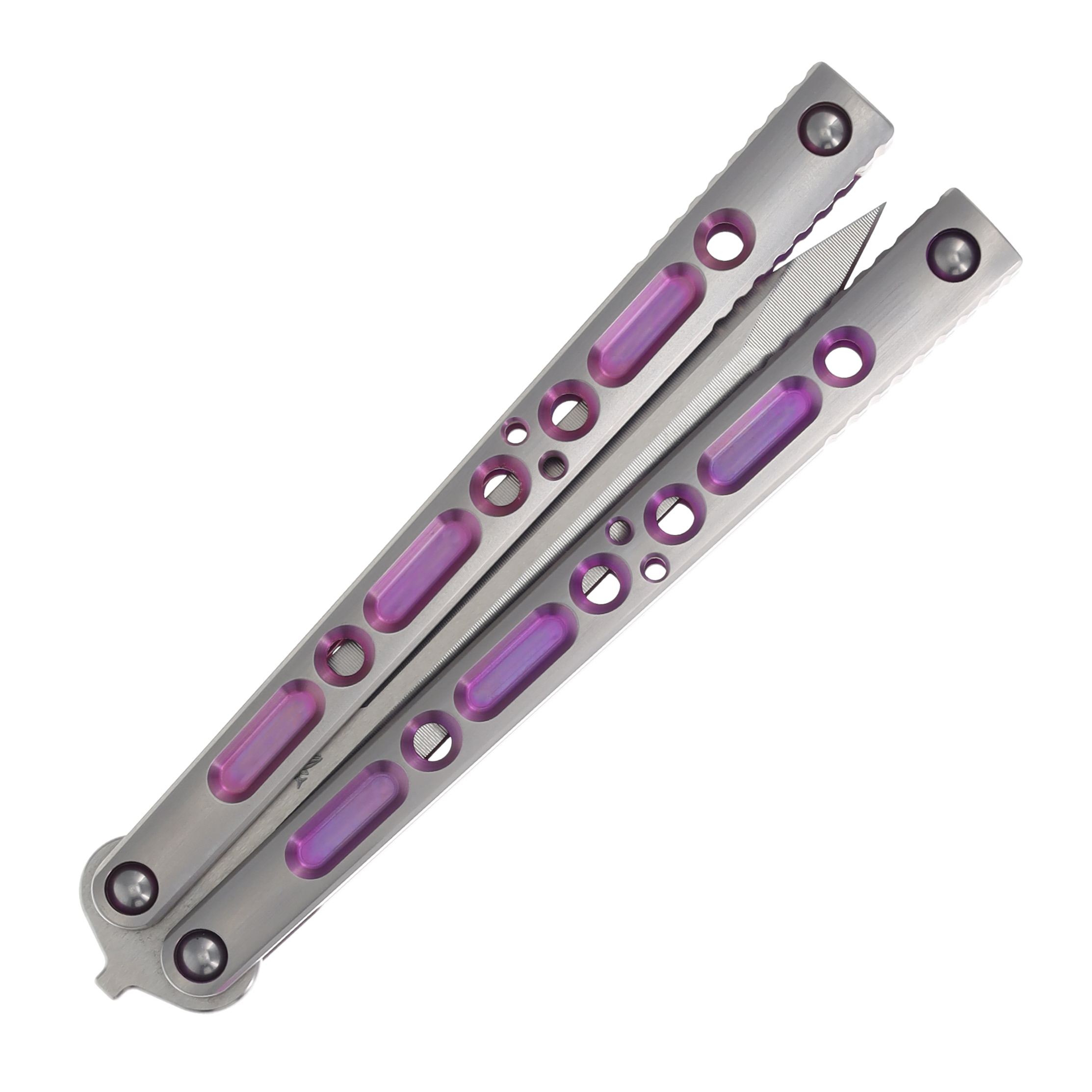 Lovins Customs Strix Balisong Satin Titanium with Pink Ano Inserts S35VN CLV17 View 6
