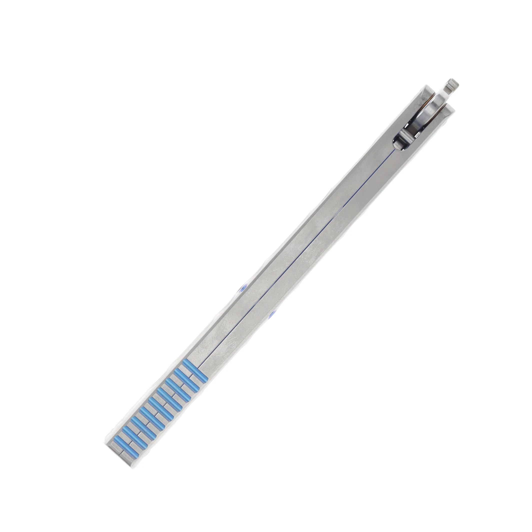 Lovins Customs Strix Balisong Satin Titanium with Blue Ano Inserts S35VN CLV21 View 7