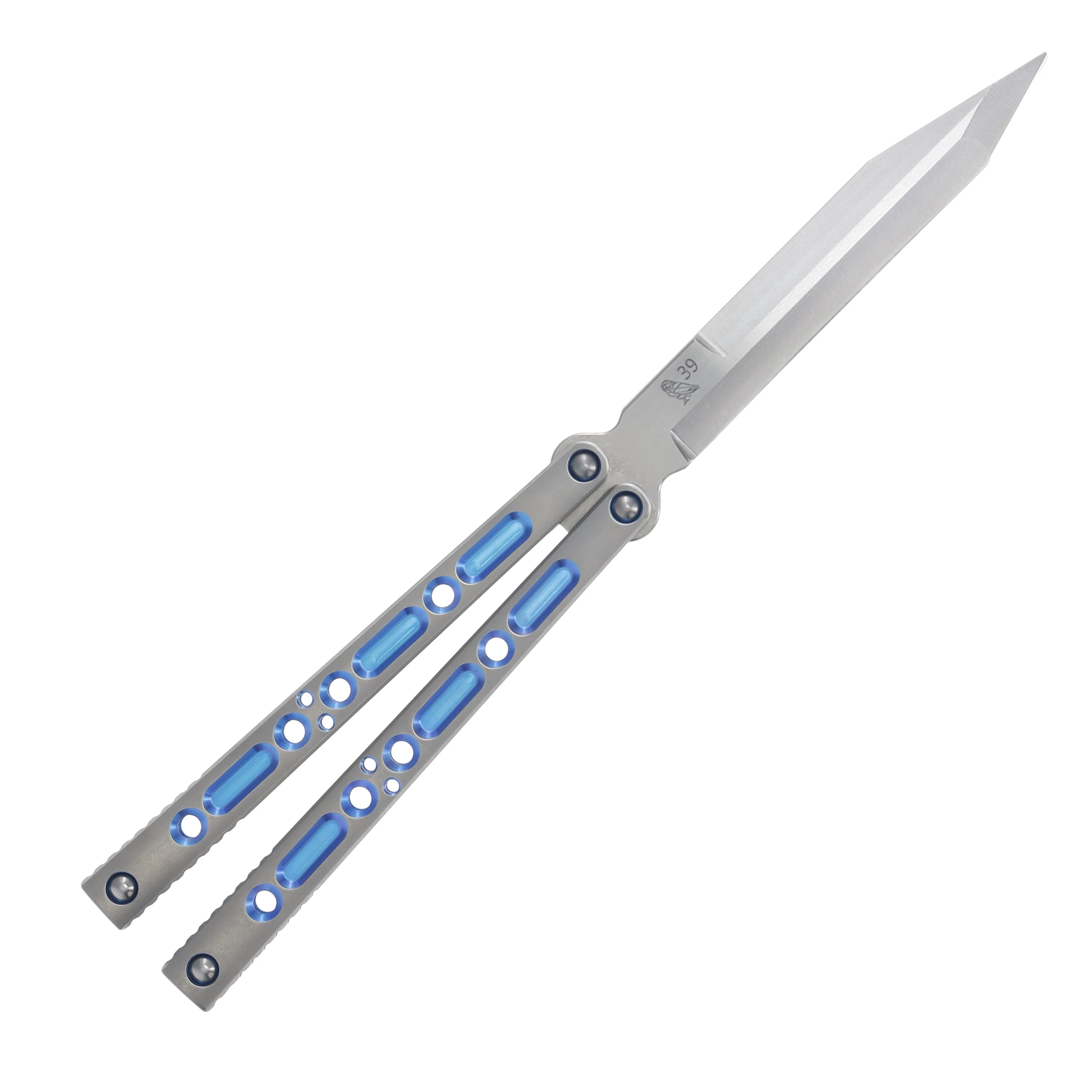 Lovins Customs Strix Balisong Satin Titanium with Blue Ano Inserts S35VN CLV21 View 2
