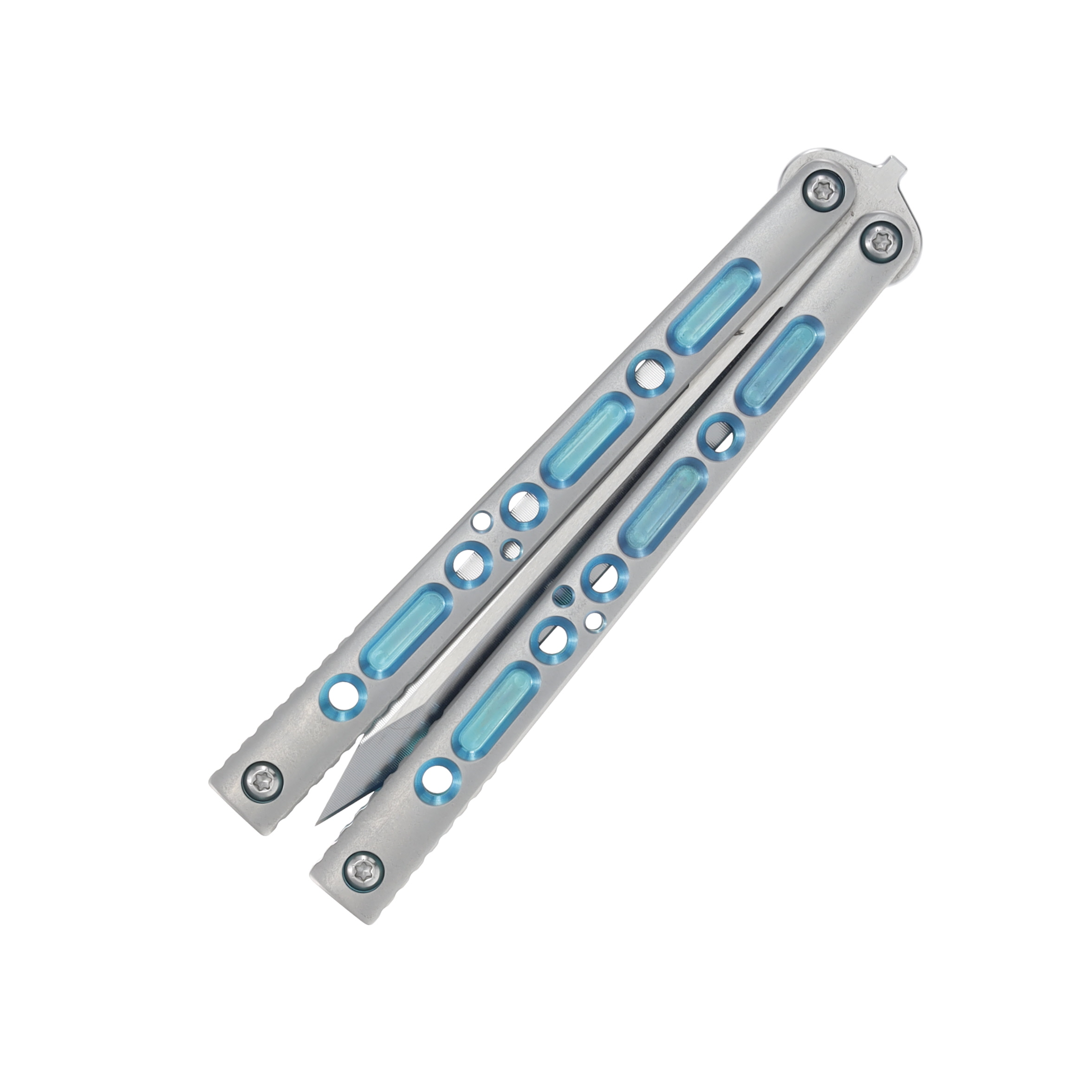 Lovins Customs Strix Balisong Satin Titanium with Aqua Ano Inserts S35VN CLV22 View 5
