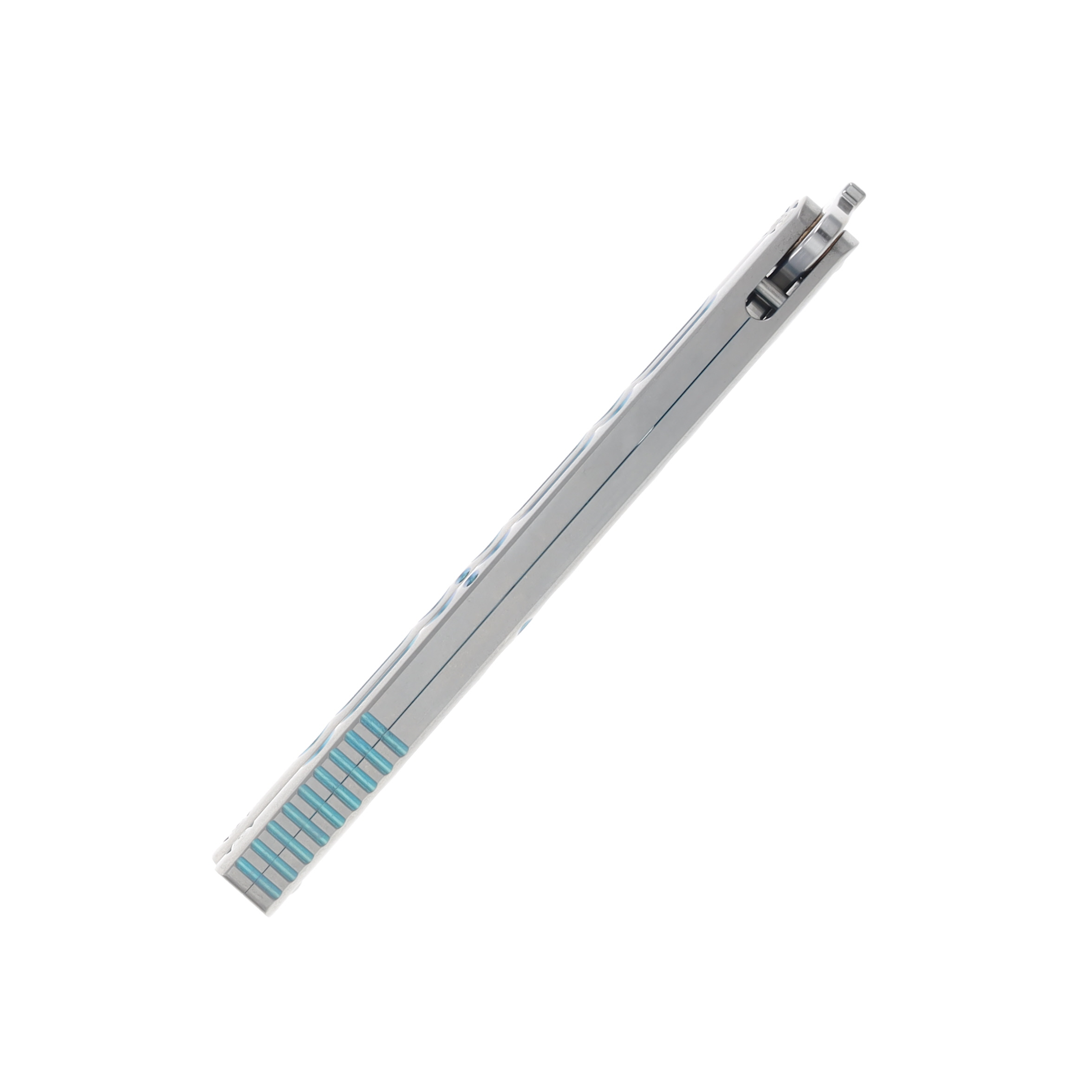 Lovins Customs Strix Balisong Satin Titanium with Aqua Ano Inserts S35VN CLV22 View 7