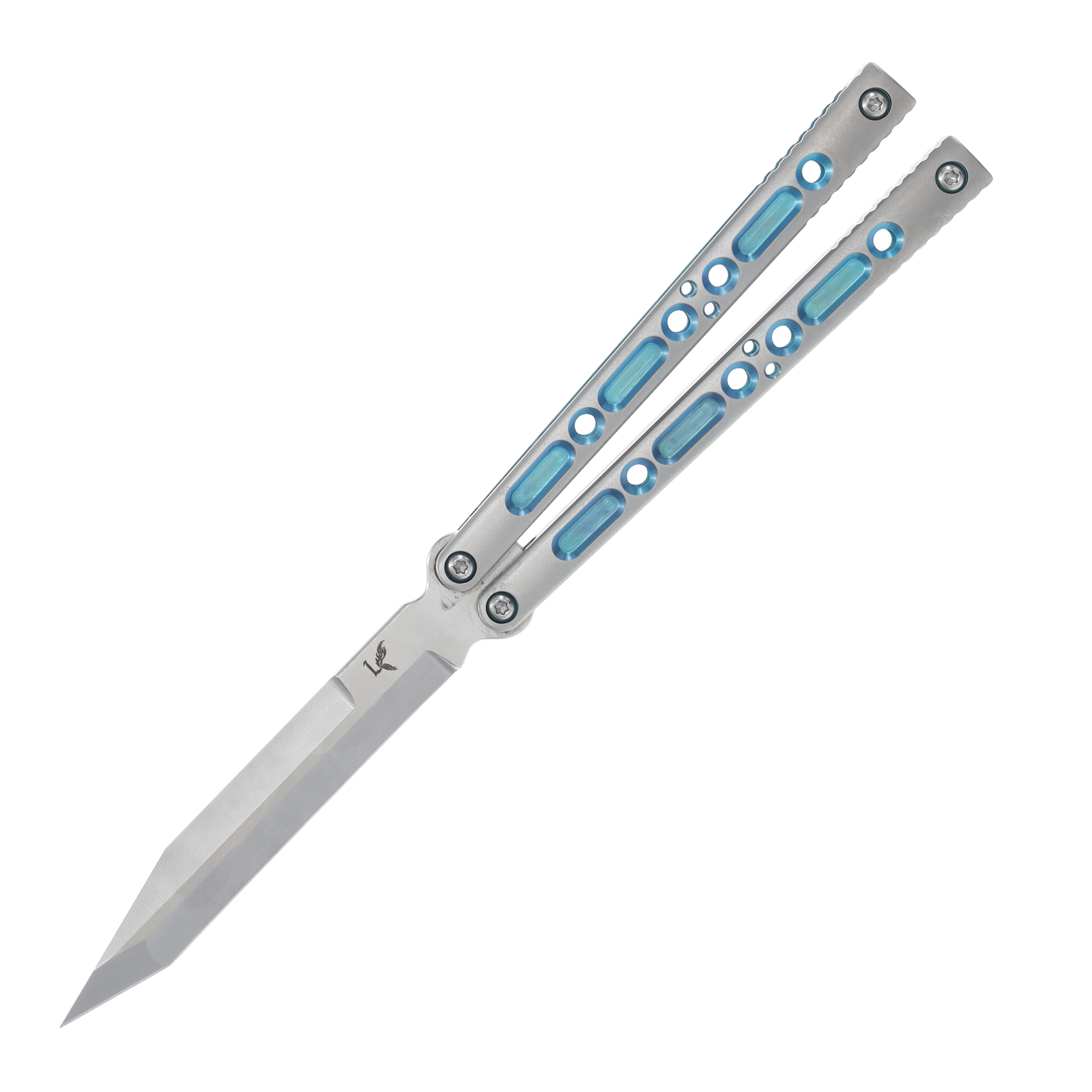 Lovins Customs Strix Balisong Satin Titanium with Aqua Ano Inserts S35VN CLV22 View 1