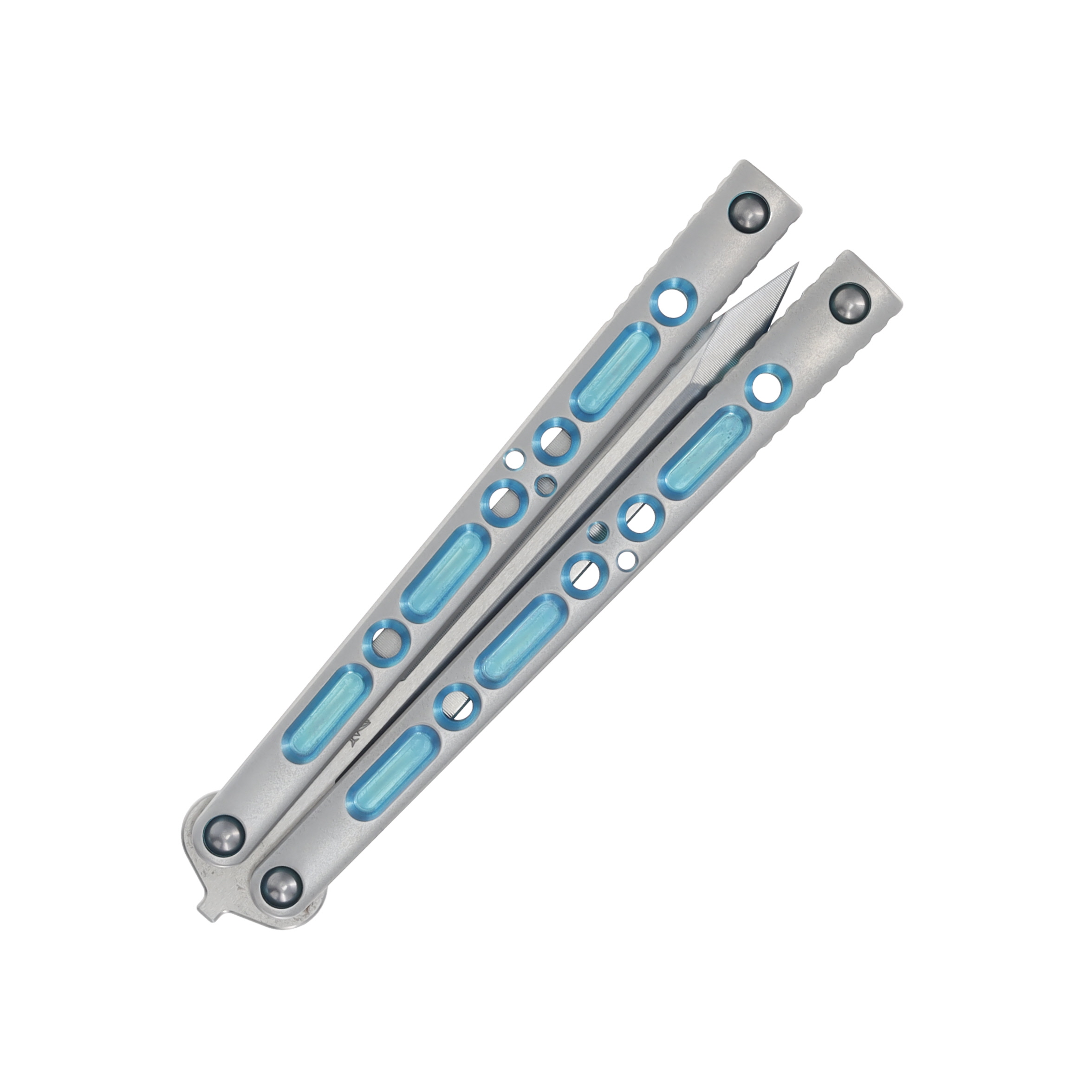 Lovins Customs Strix Balisong Satin Titanium with Aqua Ano Inserts S35VN CLV22 View 6
