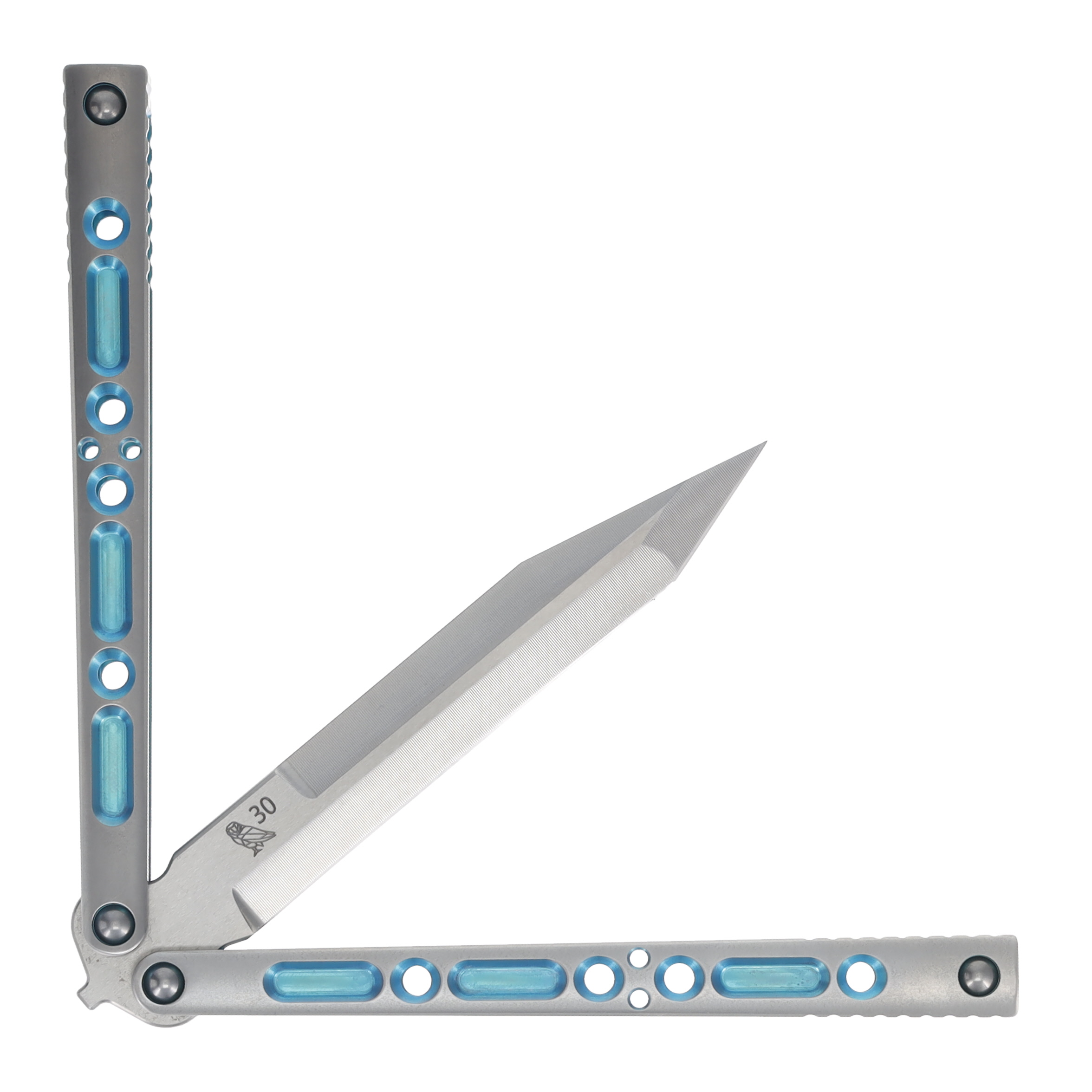 Lovins Customs Strix Balisong Satin Titanium with Aqua Ano Inserts S35VN CLV22 View 3