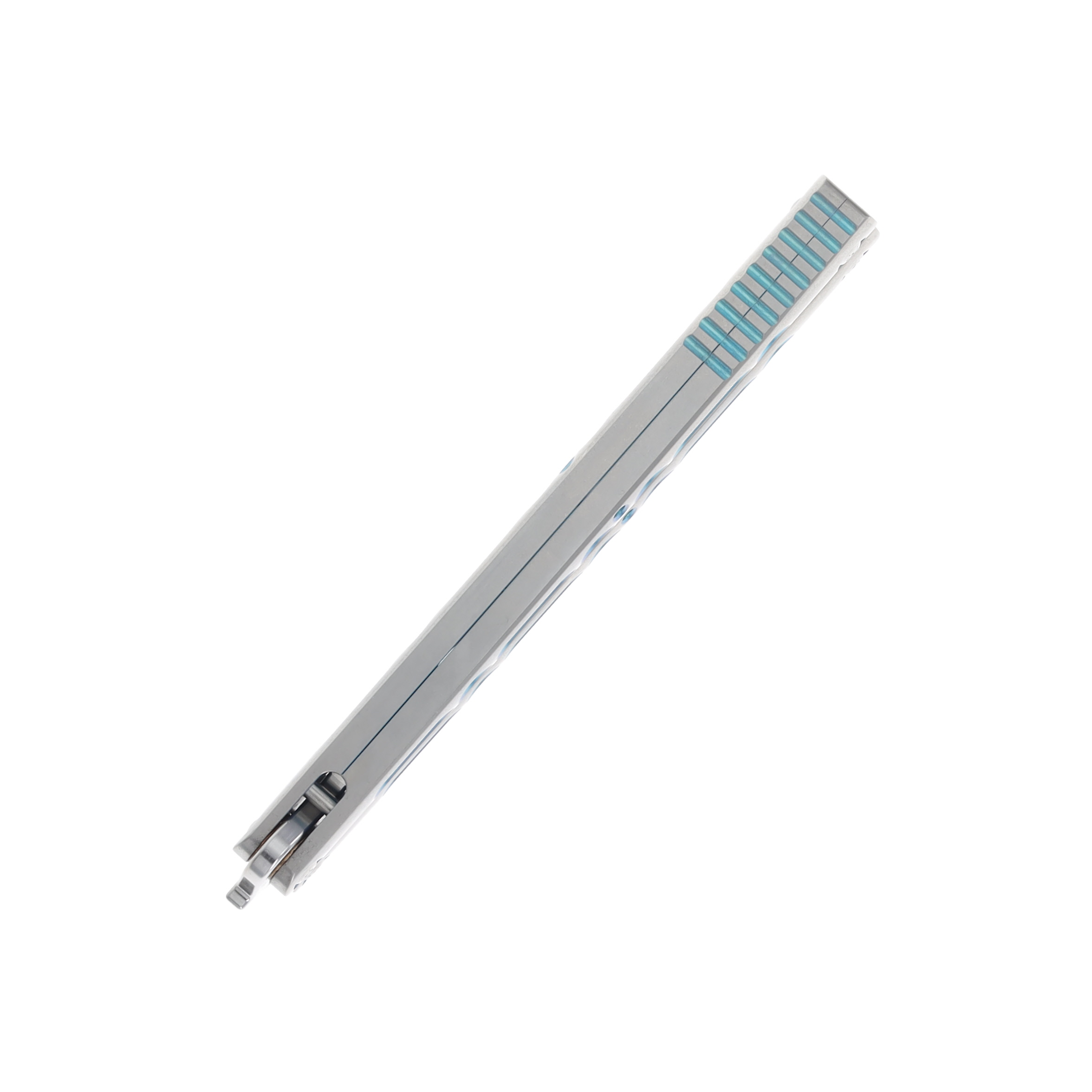 Lovins Customs Strix Balisong Satin Titanium with Aqua Ano Inserts S35VN CLV22 View 8