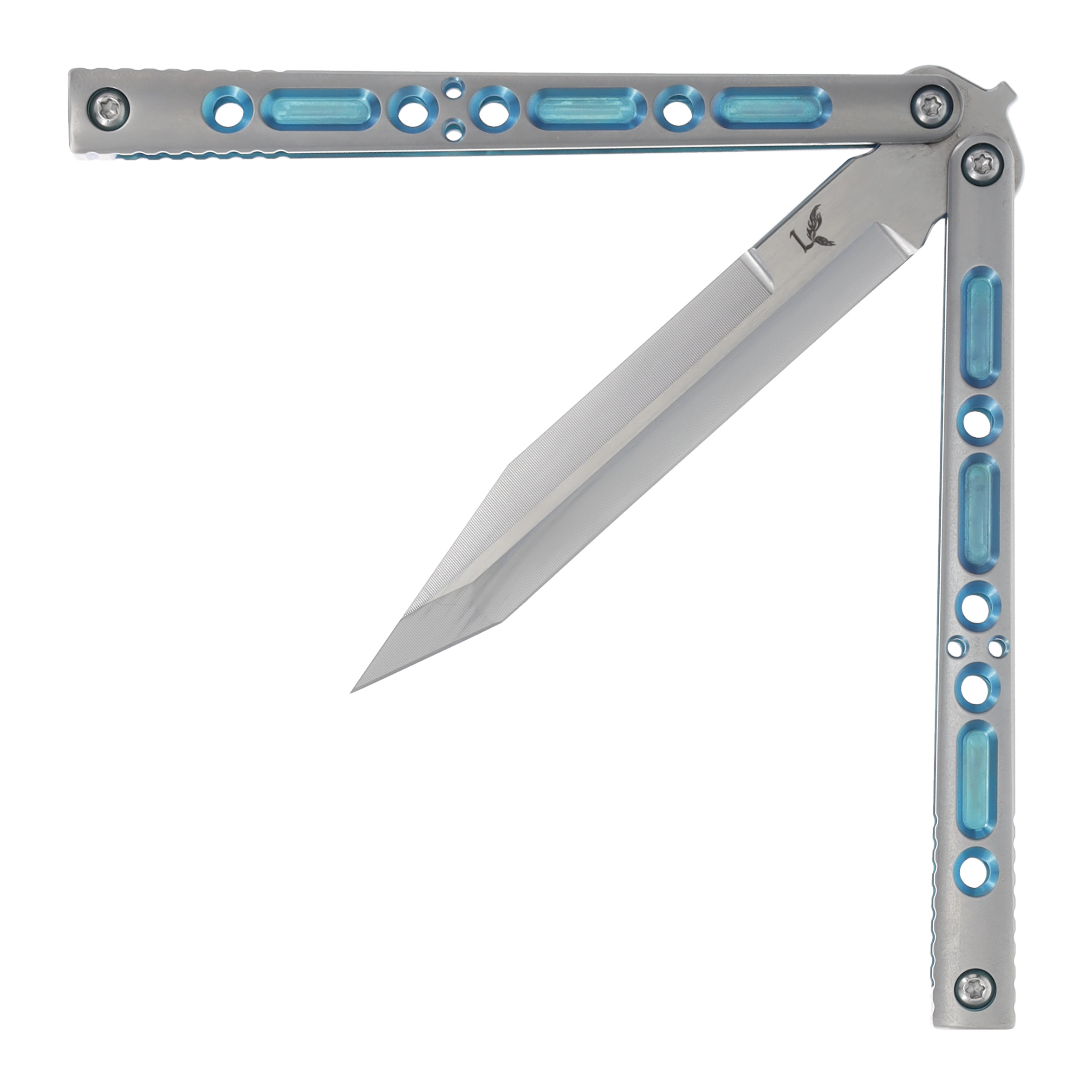 Lovins Customs Strix Balisong Satin Titanium with Aqua Ano Inserts S35VN CLV22 View 4