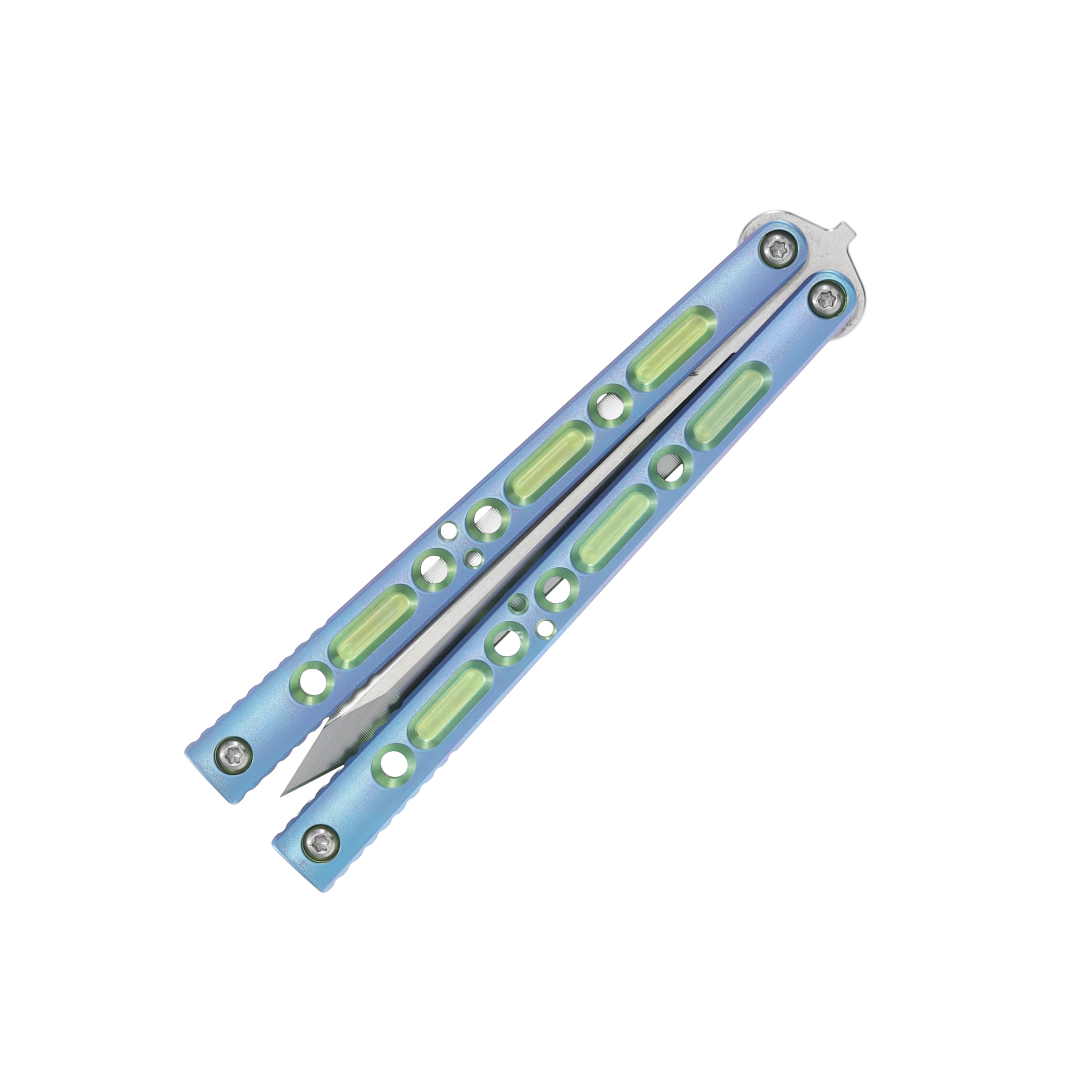 Lovins Customs Strix Balisong Blue Anodized Titanium with Green Ano Inserts S35VN CLV23 View 5