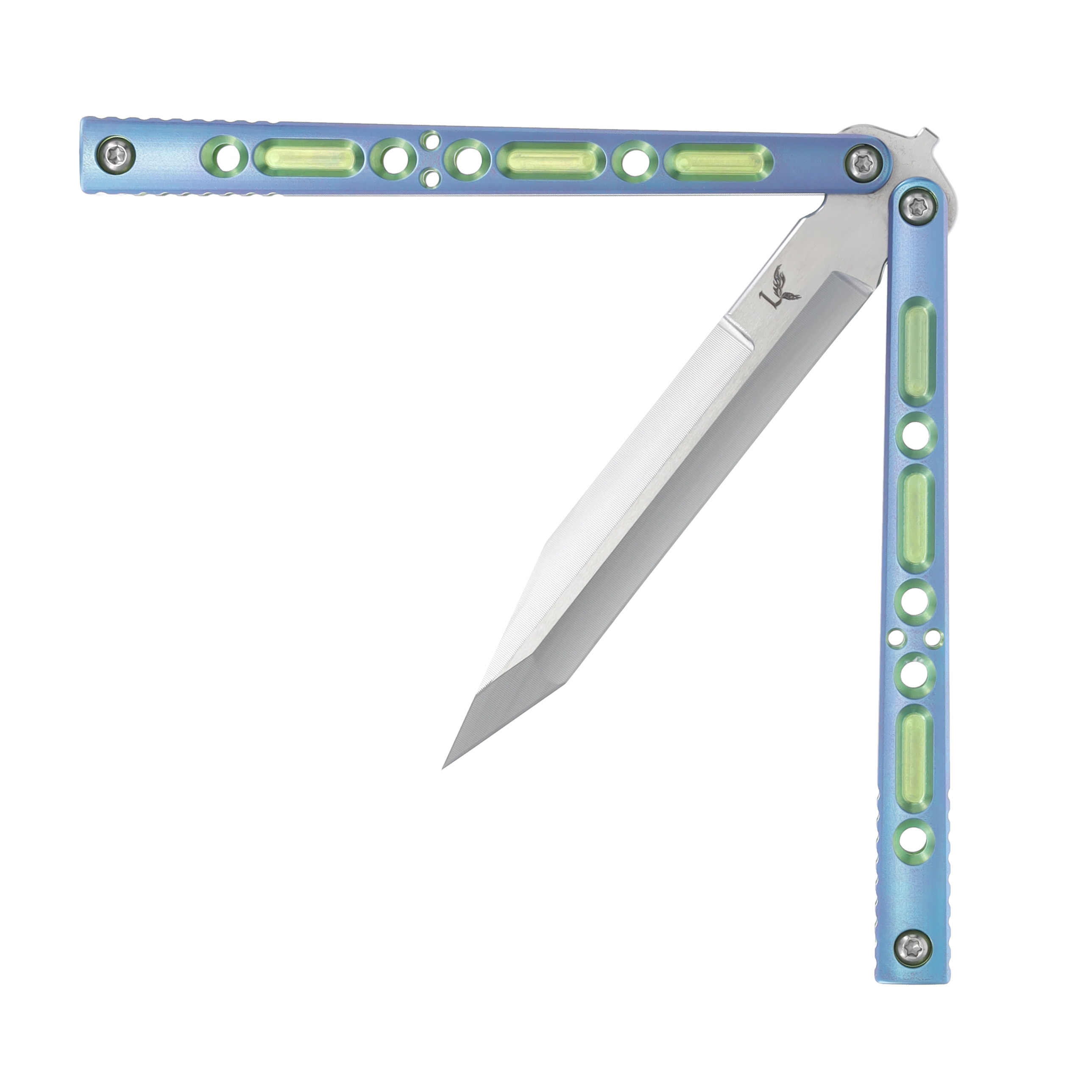Lovins Customs Strix Balisong Blue Anodized Titanium with Green Ano Inserts S35VN CLV23 View 4