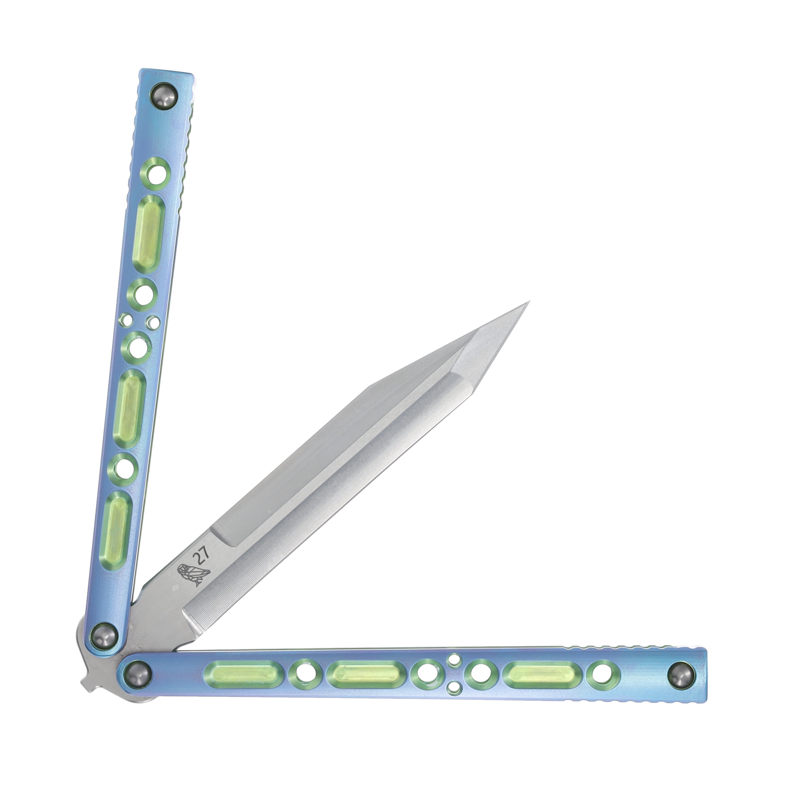 Lovins Customs Strix Balisong Blue Anodized Titanium with Green Ano Inserts S35VN CLV23 View 3
