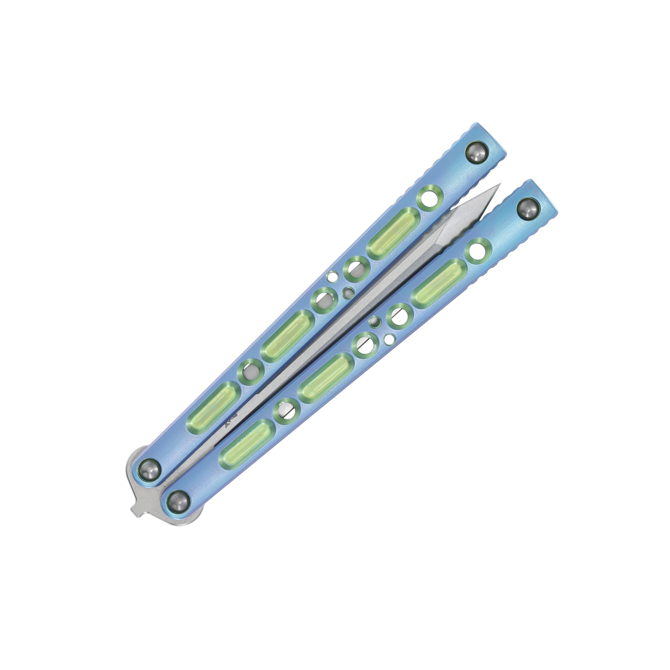 Lovins Customs Strix Balisong Blue Anodized Titanium with Green Ano Inserts S35VN CLV23 View 6