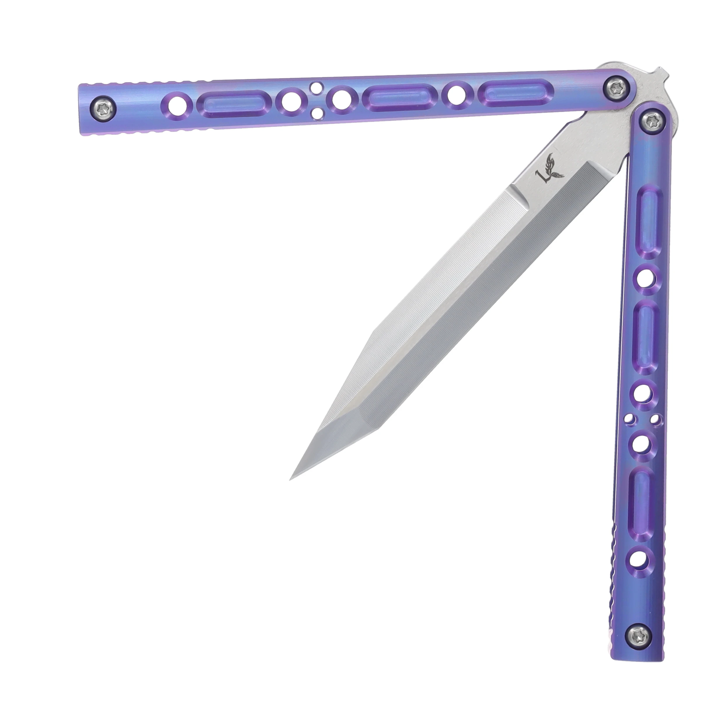 Lovins Customs Strix Balisong Knife Purple Anodized 4.5-In Satin Tanto CLV24 View 4