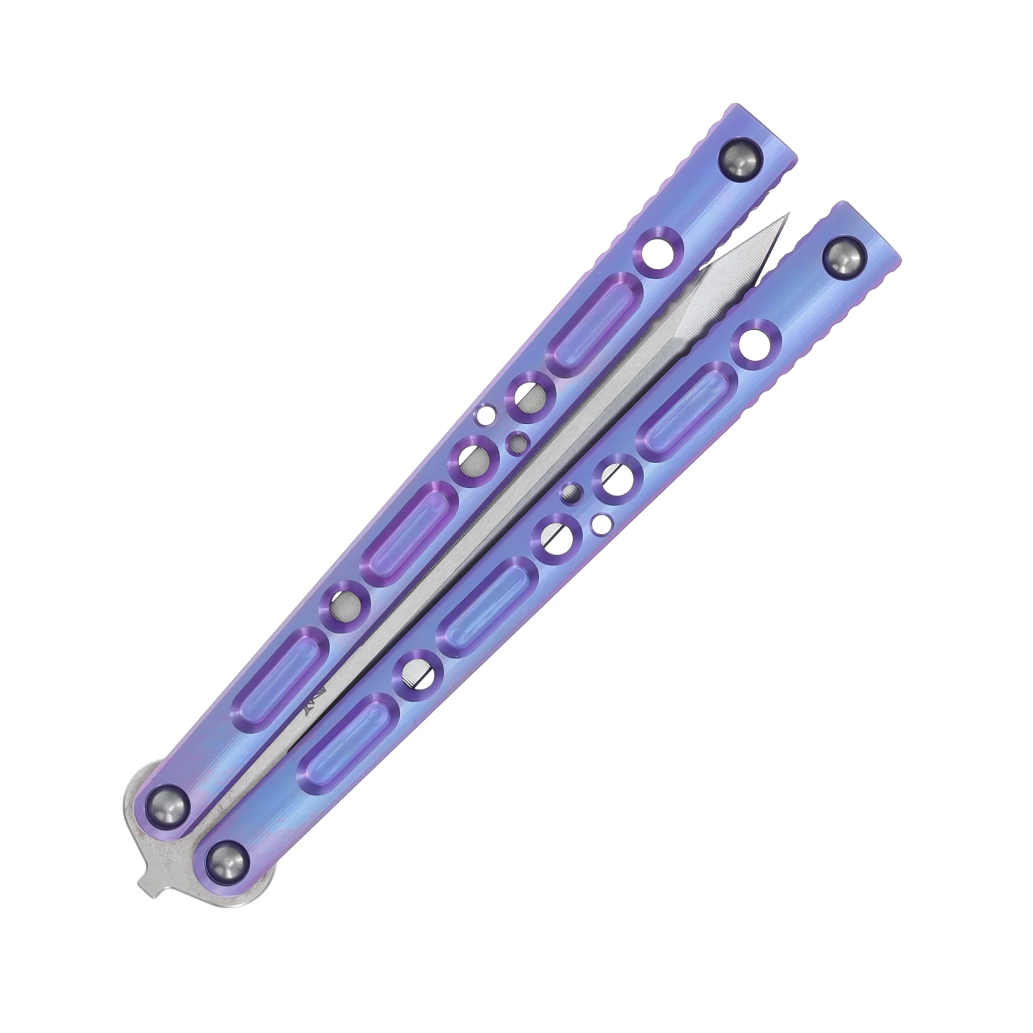 Lovins Customs Strix Balisong Knife Purple Anodized 4.5-In Satin Tanto CLV24 View 5