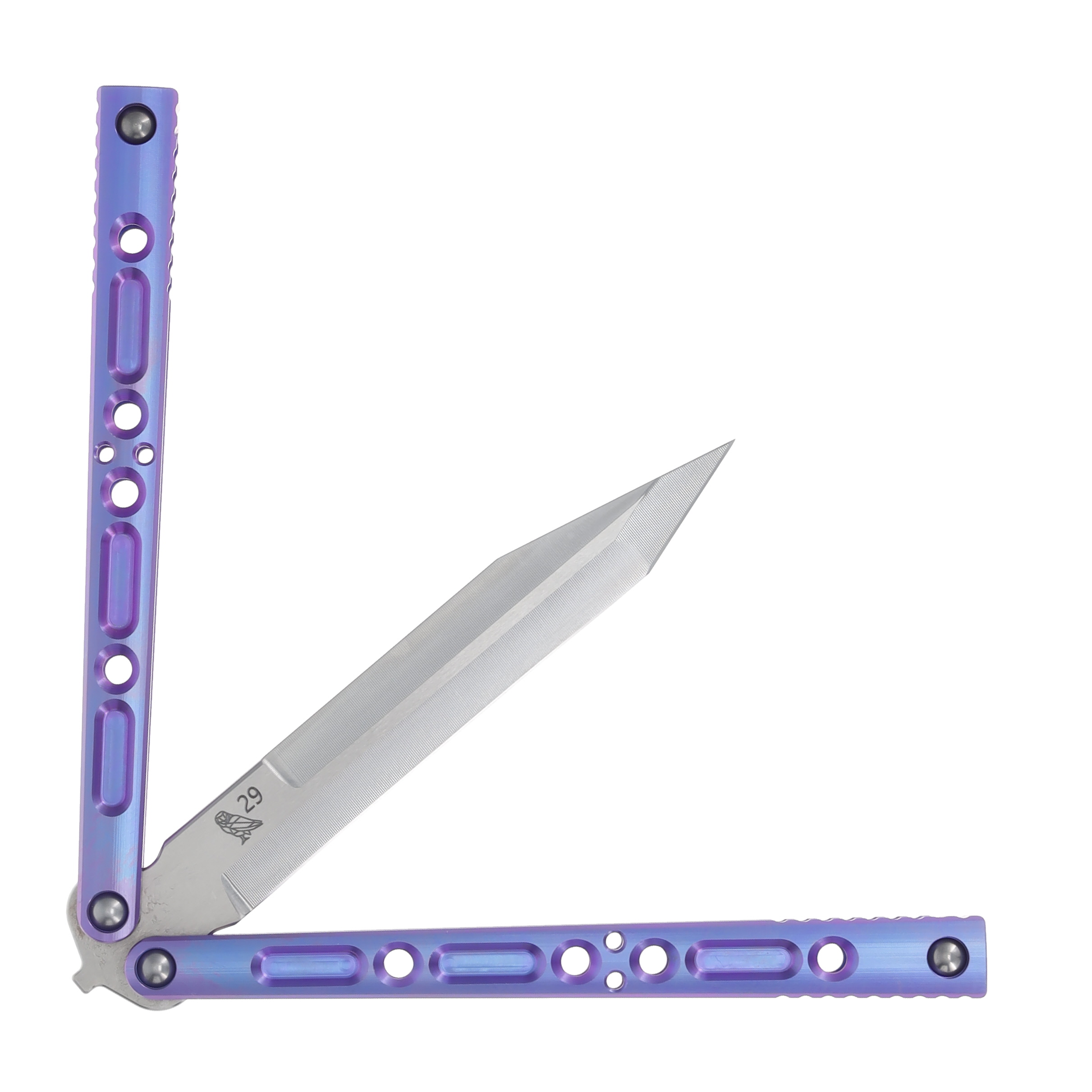 Lovins Customs Strix Balisong Knife Purple Anodized 4.5-In Satin Tanto CLV24 View 3
