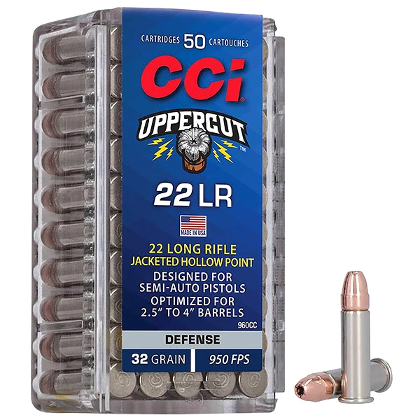 CCI Uppercut Defense 22 Long Rifle Handgun Ammunition 50 Rounds Rimfire Nickel Plated Brass 32 Grain JHP 960CC View 1