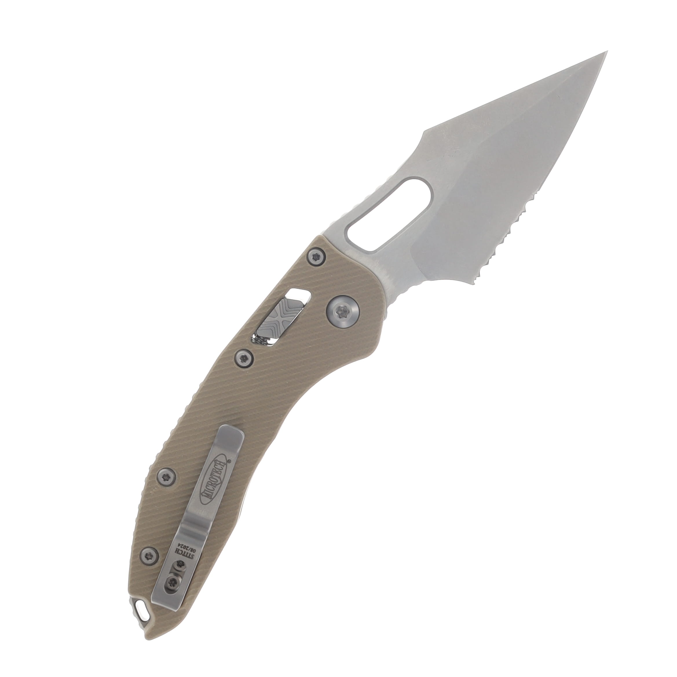 Microtech Stitch RAM-LOCK Folding Knife Half Serrated Spear Point M390MK/Fluted Tan G-10 MT169RL11FLGTTA View 2
