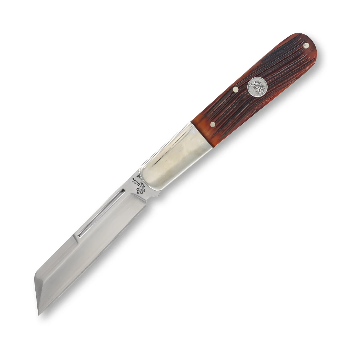 Queen Knives Large Sheepsfoot Barlow Folding Knife Amber Winterbottom Grooved Bone QAWB180 View 2