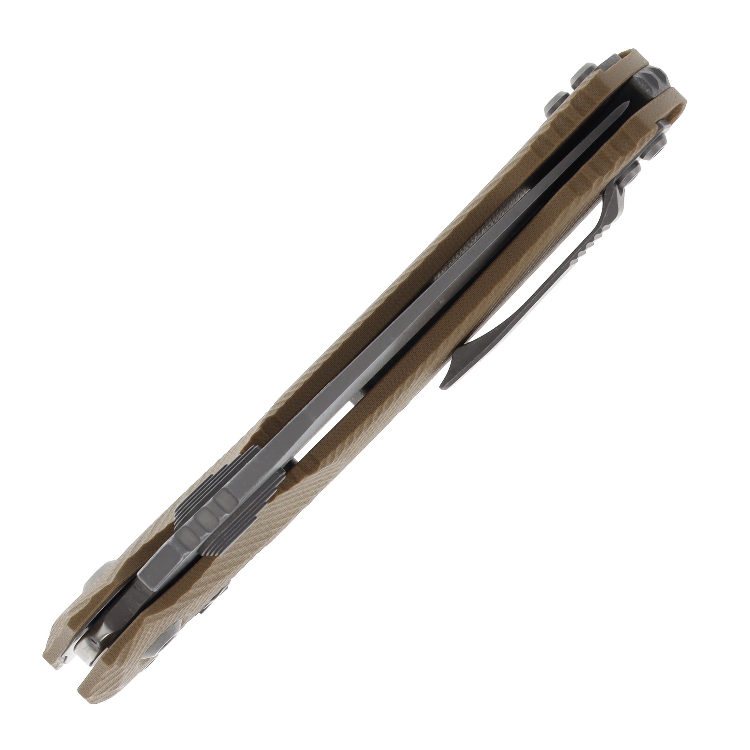 Microtech Amphibian RAM-LOK 3.9in Half Serrated Apocalyptic Stonewash M390MK Fluted Tan G-10 MT137RL11APFLGTTA View 5