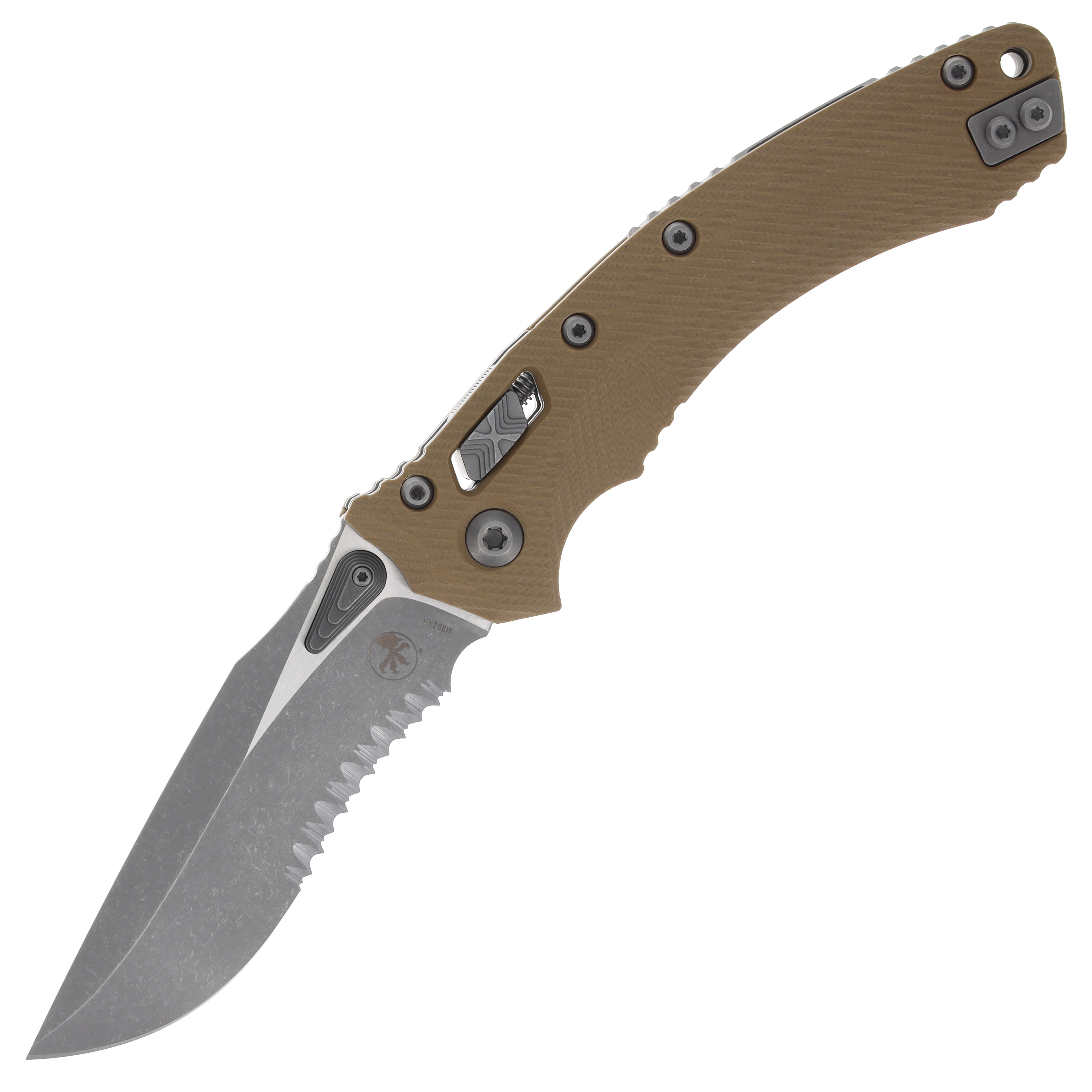 Microtech Amphibian RAM-LOK 3.9in Half Serrated Apocalyptic Stonewash M390MK Fluted Tan G-10 MT137RL11APFLGTTA View 1