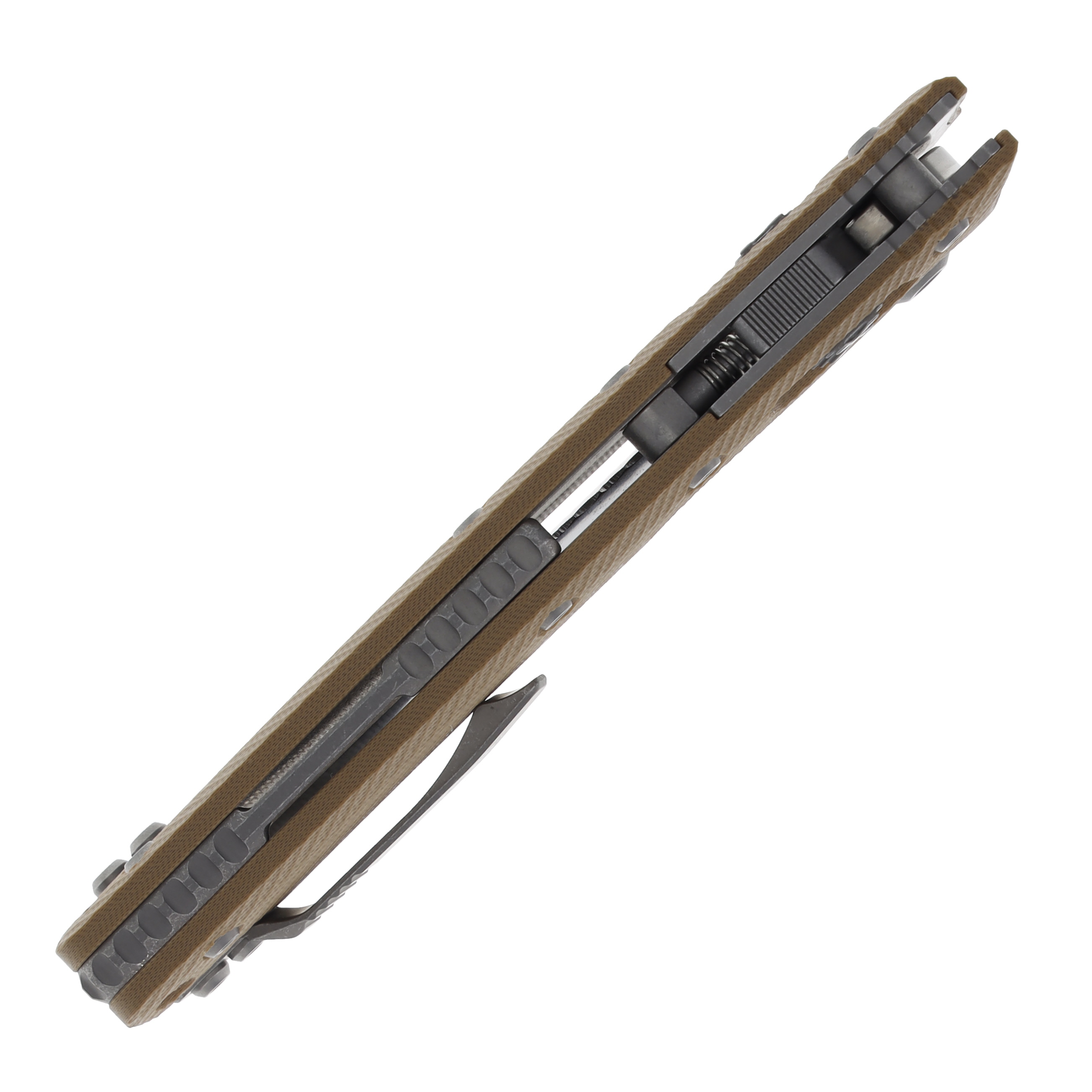 Microtech Amphibian RAM-LOK 3.9in Half Serrated Apocalyptic Stonewash M390MK Fluted Tan G-10 MT137RL11APFLGTTA View 6
