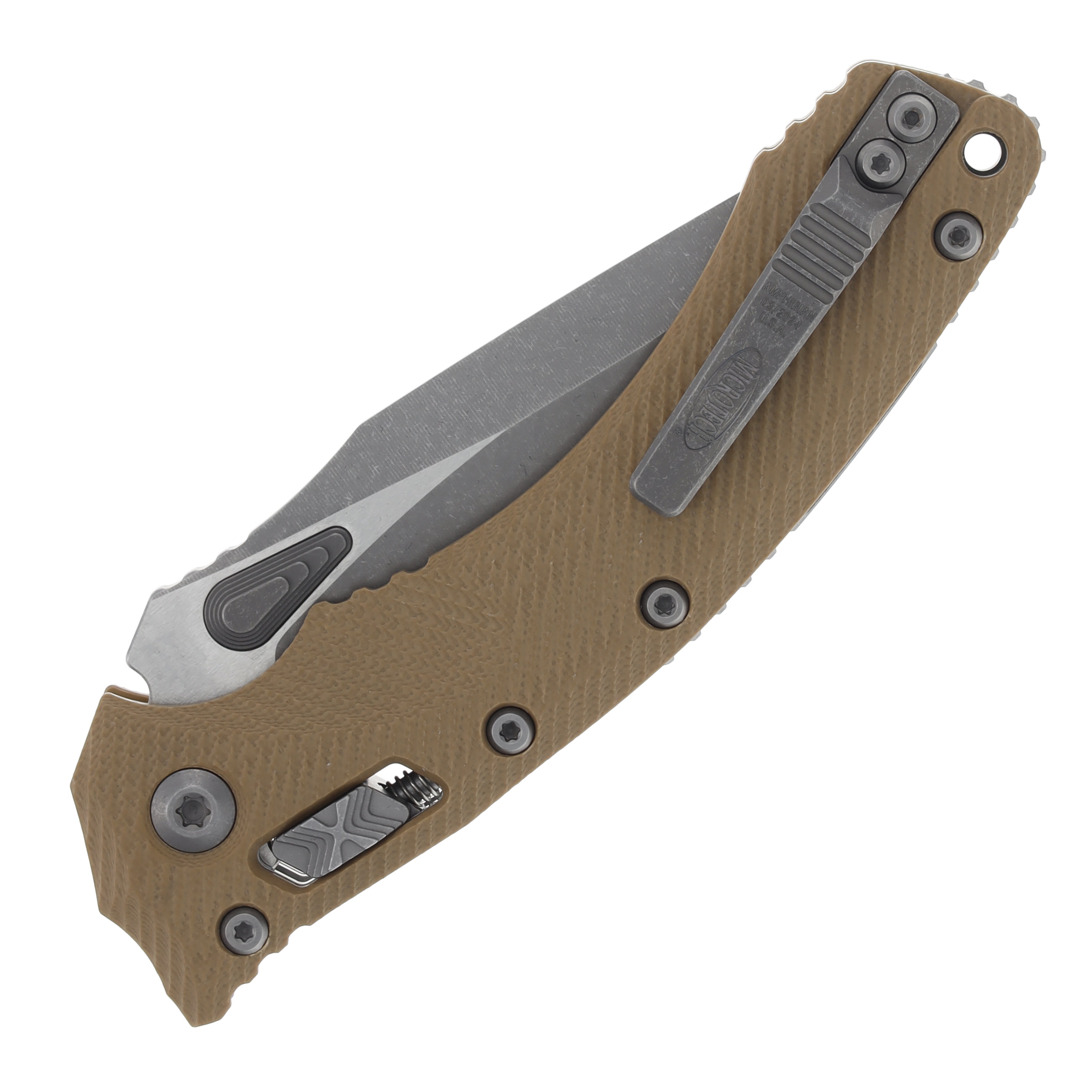 Microtech Amphibian RAM-LOK 3.9in Half Serrated Apocalyptic Stonewash M390MK Fluted Tan G-10 MT137RL11APFLGTTA View 4