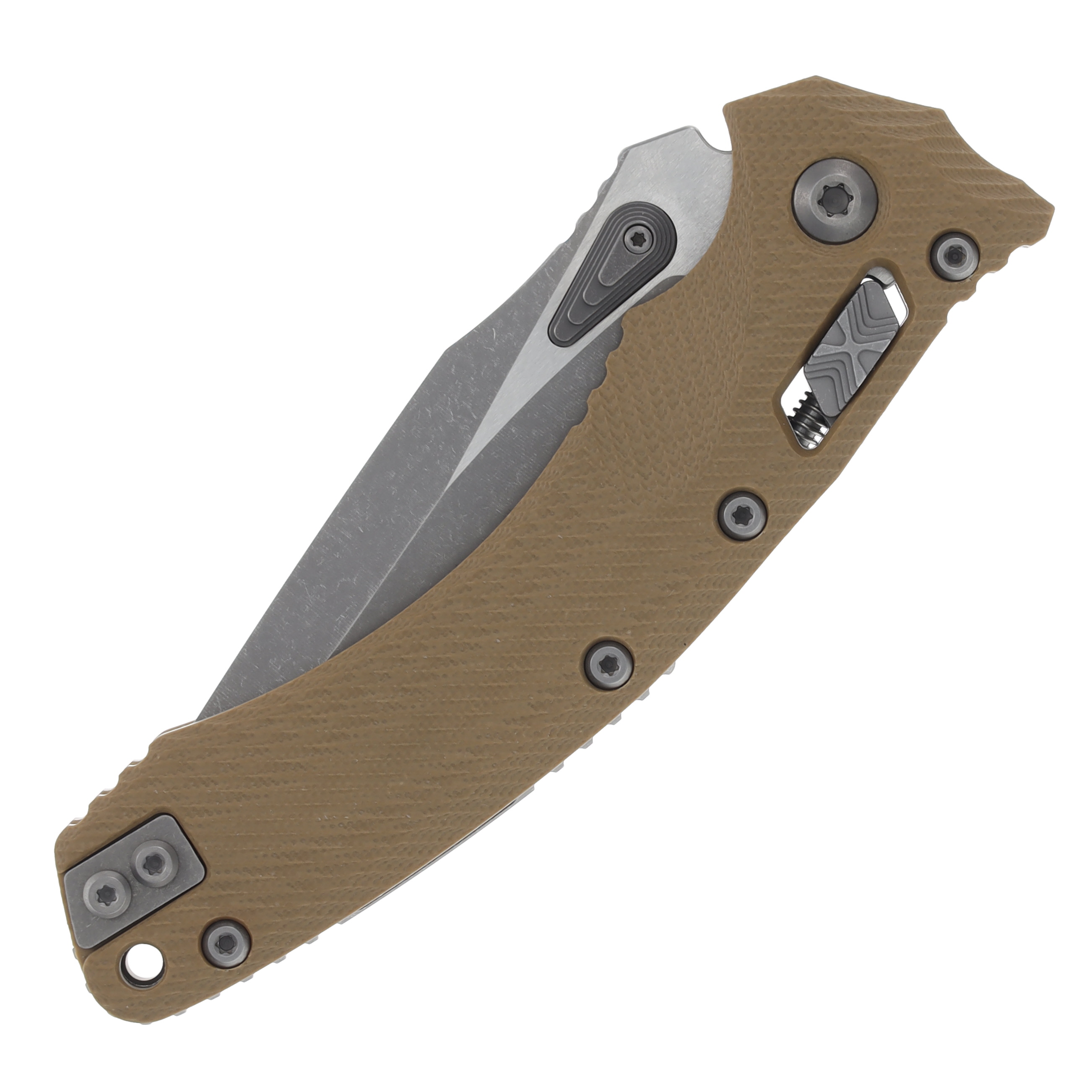 Microtech Amphibian RAM-LOK 3.9in Half Serrated Apocalyptic Stonewash M390MK Fluted Tan G-10 MT137RL11APFLGTTA View 3