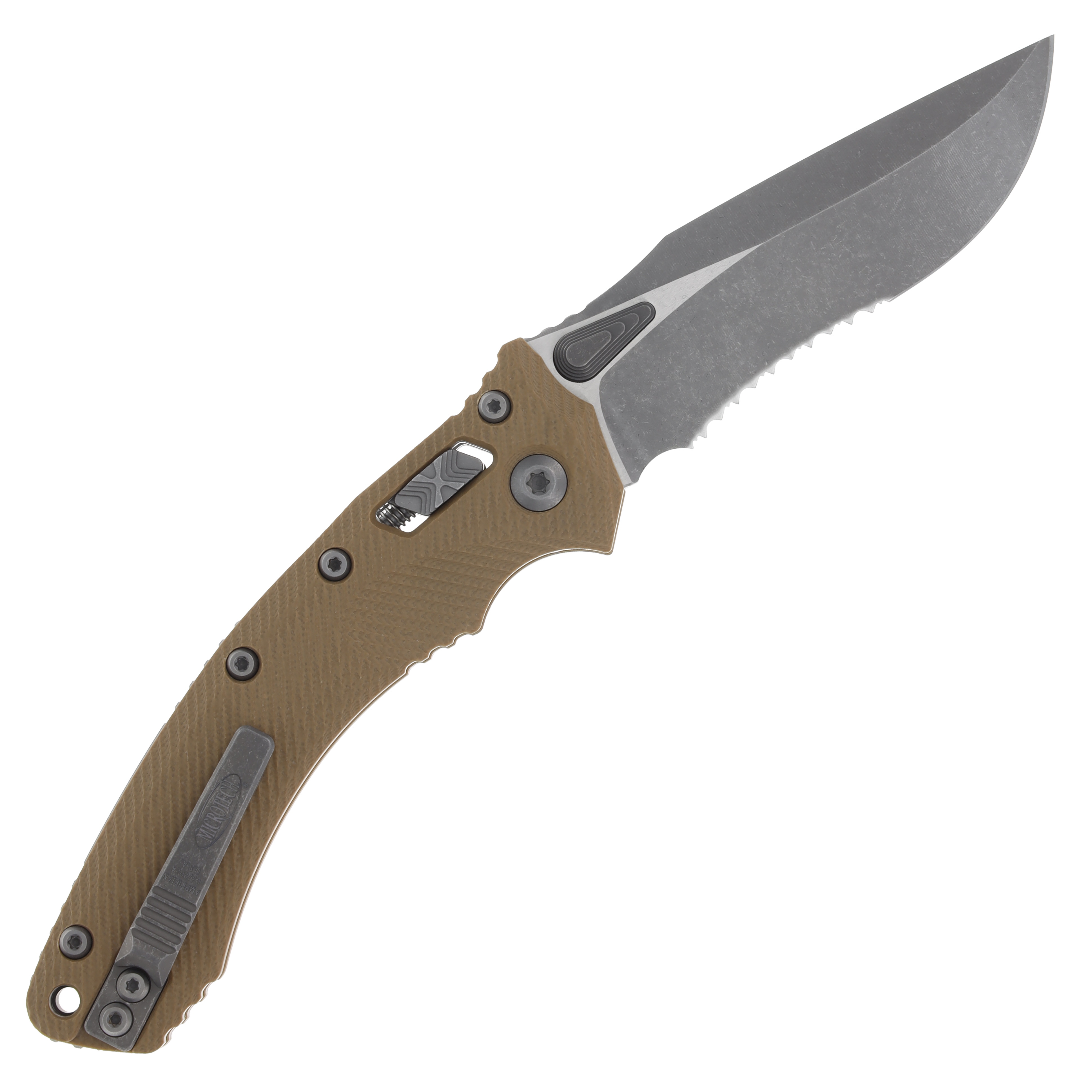 Microtech Amphibian RAM-LOK 3.9in Half Serrated Apocalyptic Stonewash M390MK Fluted Tan G-10 MT137RL11APFLGTTA View 2