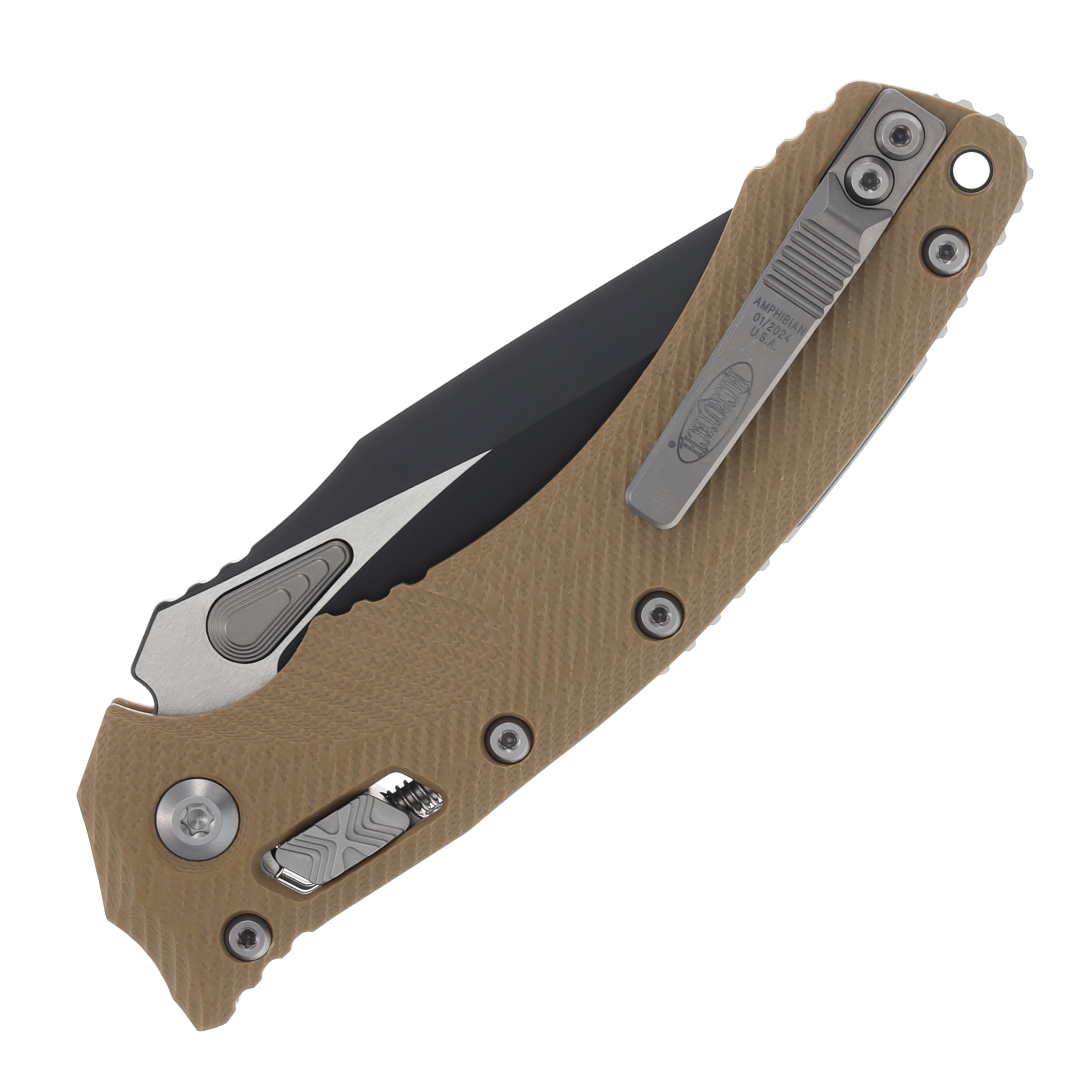 Microtech Amphibian RAM-LOK Folding Knife Black M390MK Fluted Tan G-10 MT137RL1FLGTTA View 4