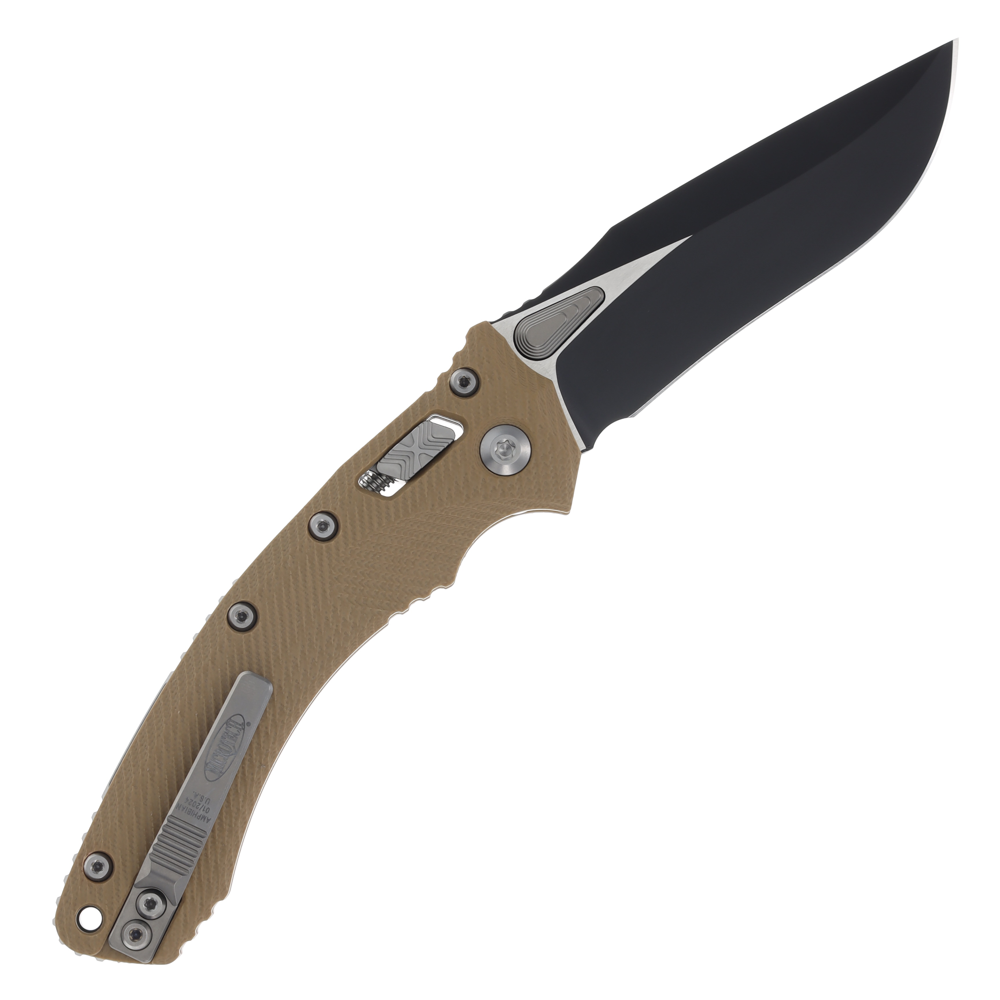 Microtech Amphibian RAM-LOK Folding Knife Black M390MK Fluted Tan G-10 MT137RL1FLGTTA View 2