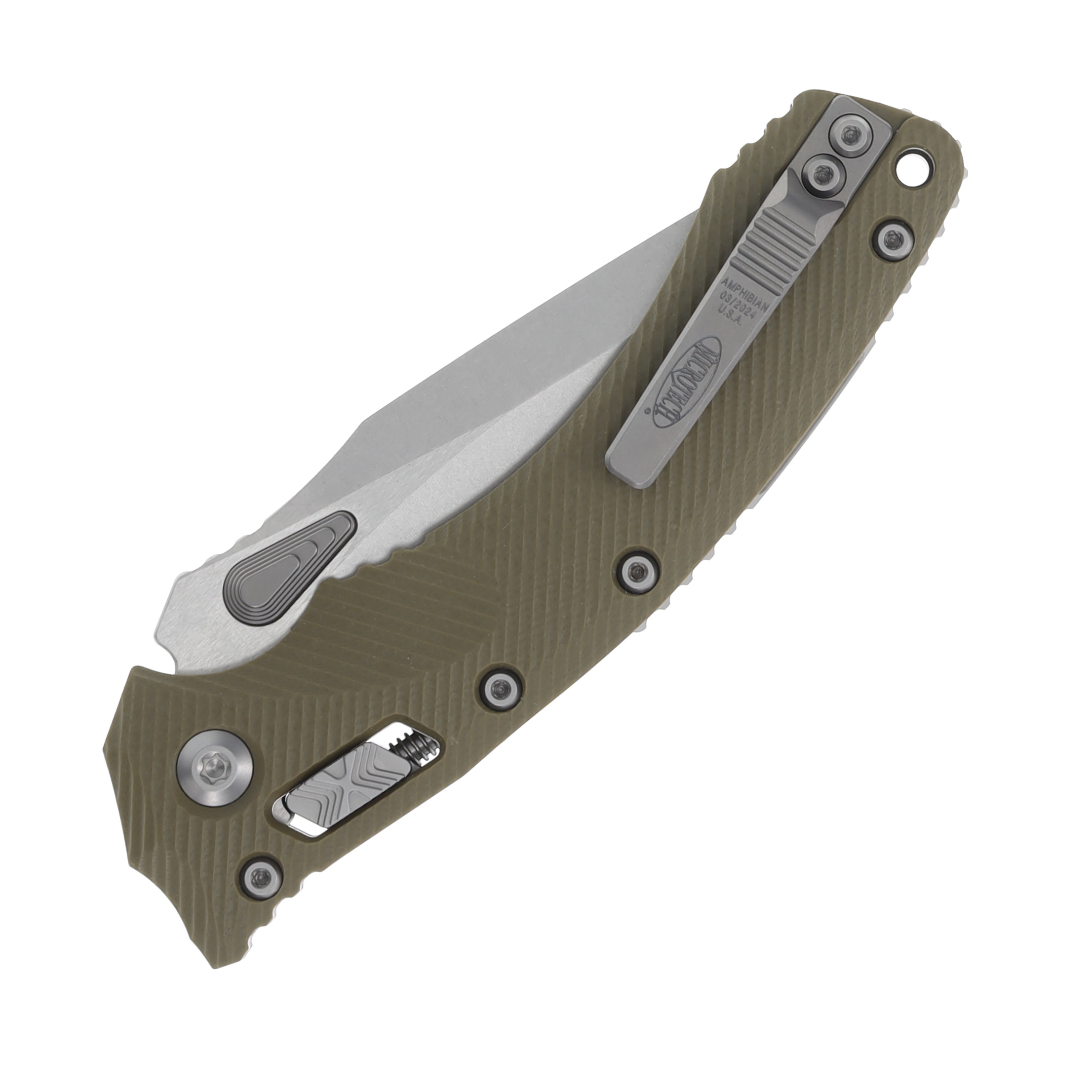 Microtech Amphibian Ram-Lok Stonewash Part Serrated Fluted Olive Drab G10 MT137RL11FLGTOD View 6