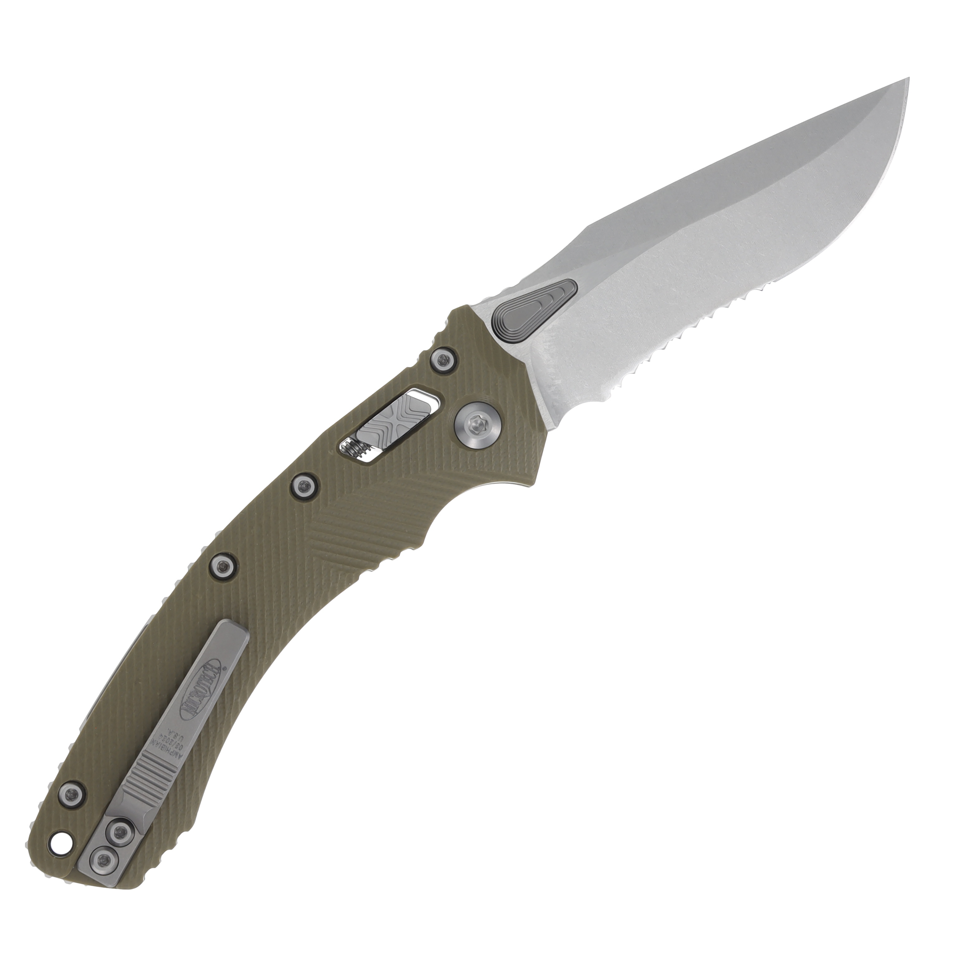 Microtech Amphibian Ram-Lok Stonewash Part Serrated Fluted Olive Drab G10 MT137RL11FLGTOD View 2