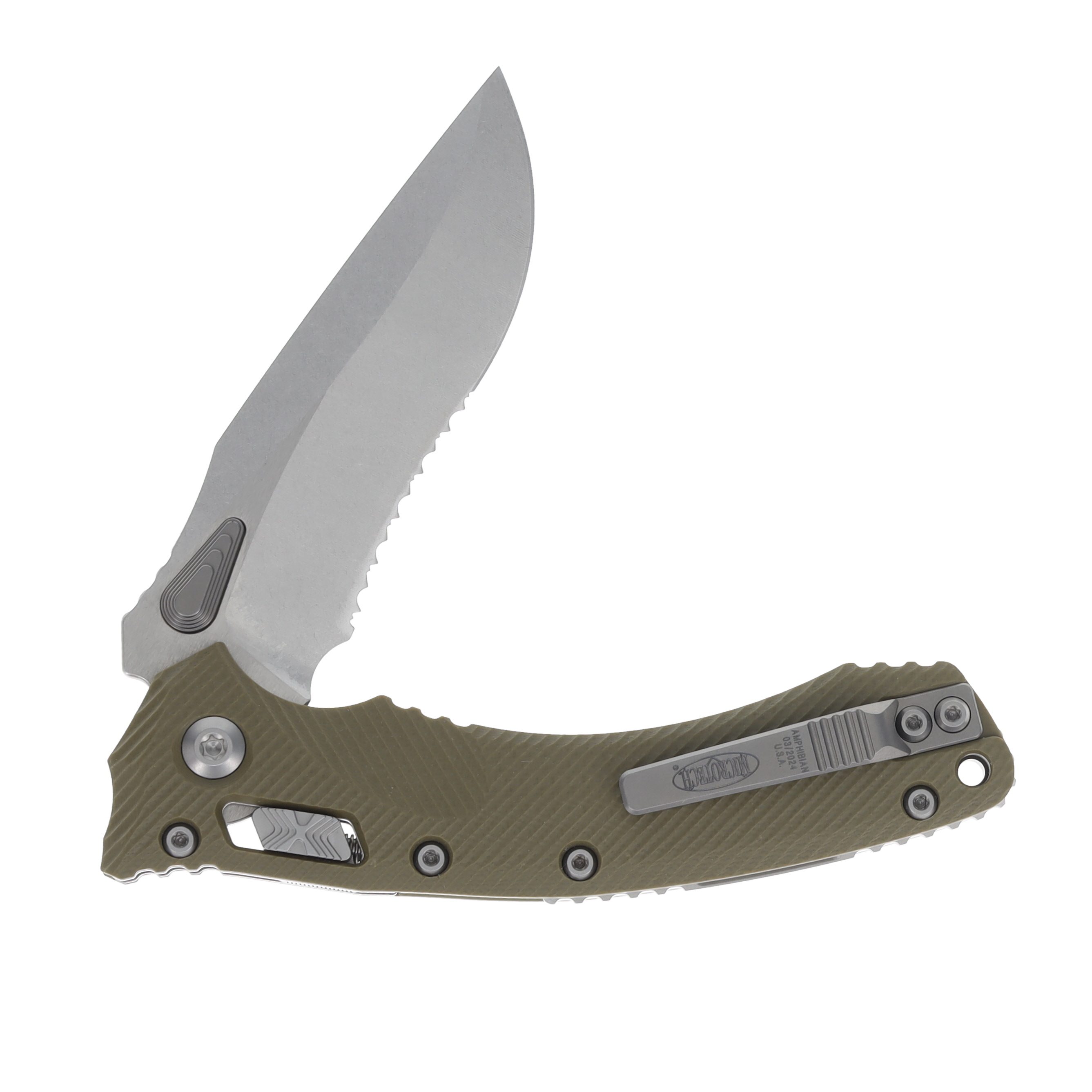Microtech Amphibian Ram-Lok Stonewash Part Serrated Fluted Olive Drab G10 MT137RL11FLGTOD View 4
