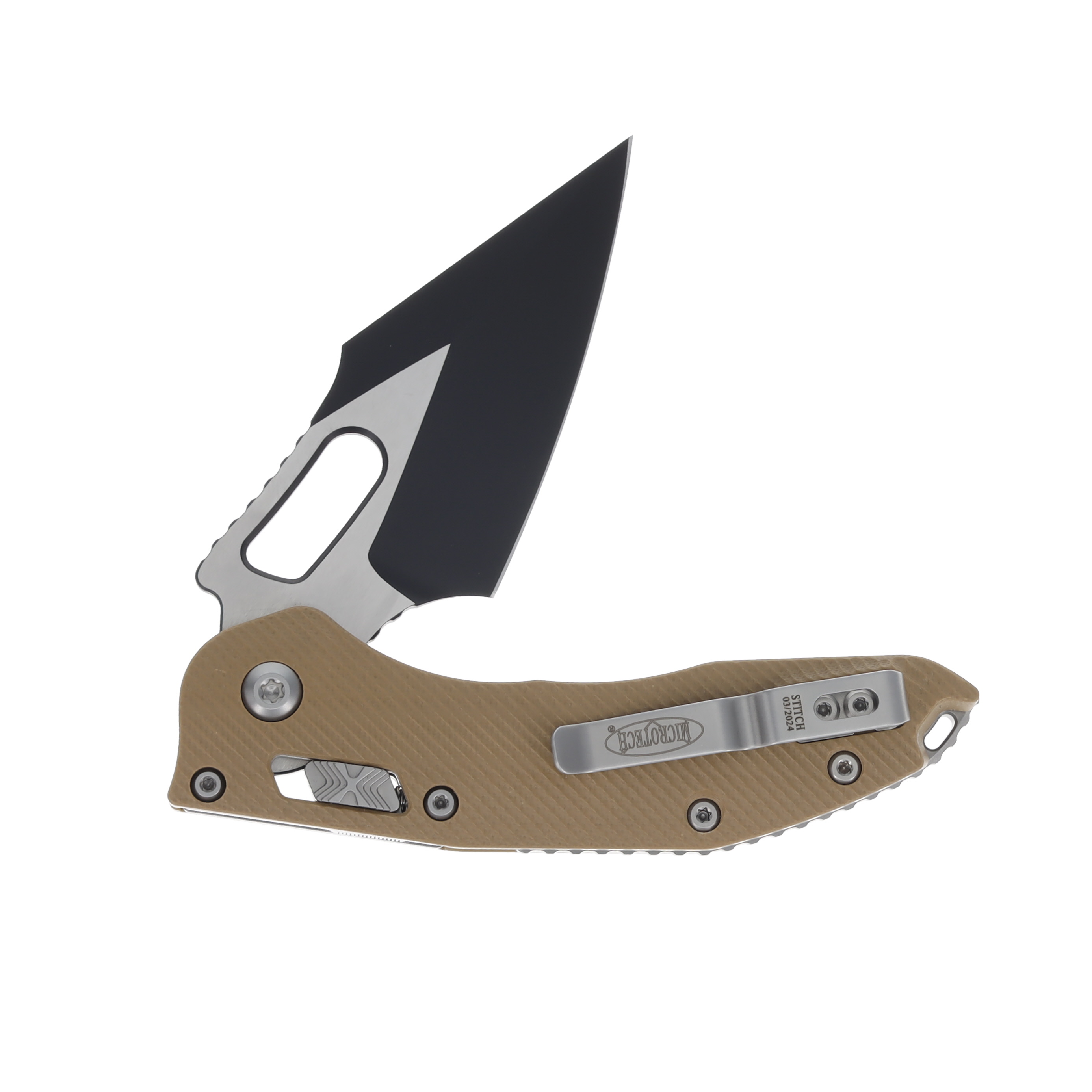 Microtech Stitch RAM-LOK Black Drop Point Fluted Tan G-10 MT169RL1FLGTTA View 3