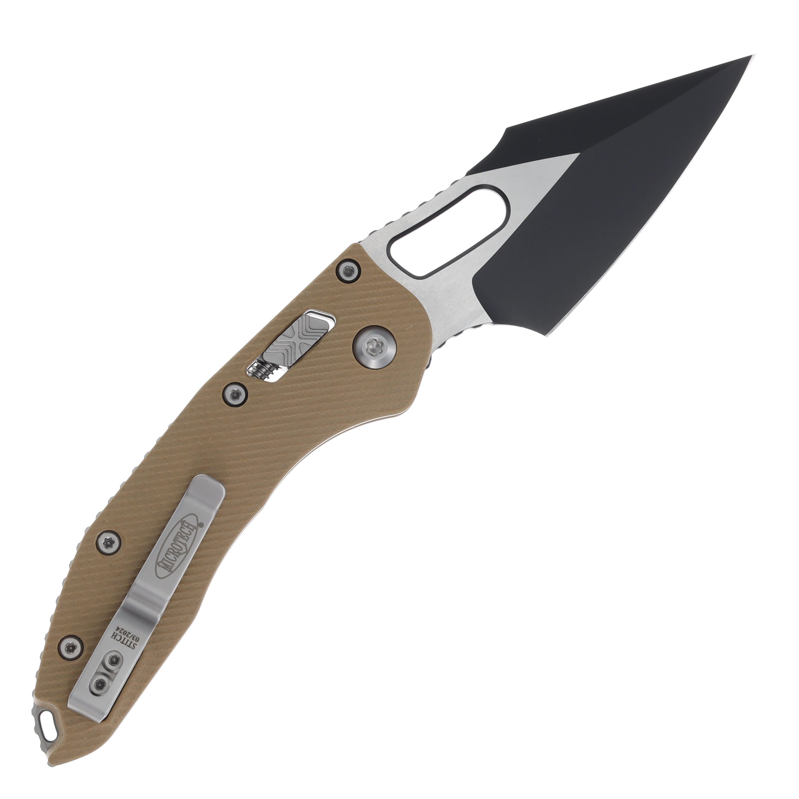 Microtech Stitch RAM-LOK Black Drop Point Fluted Tan G-10 MT169RL1FLGTTA View 2