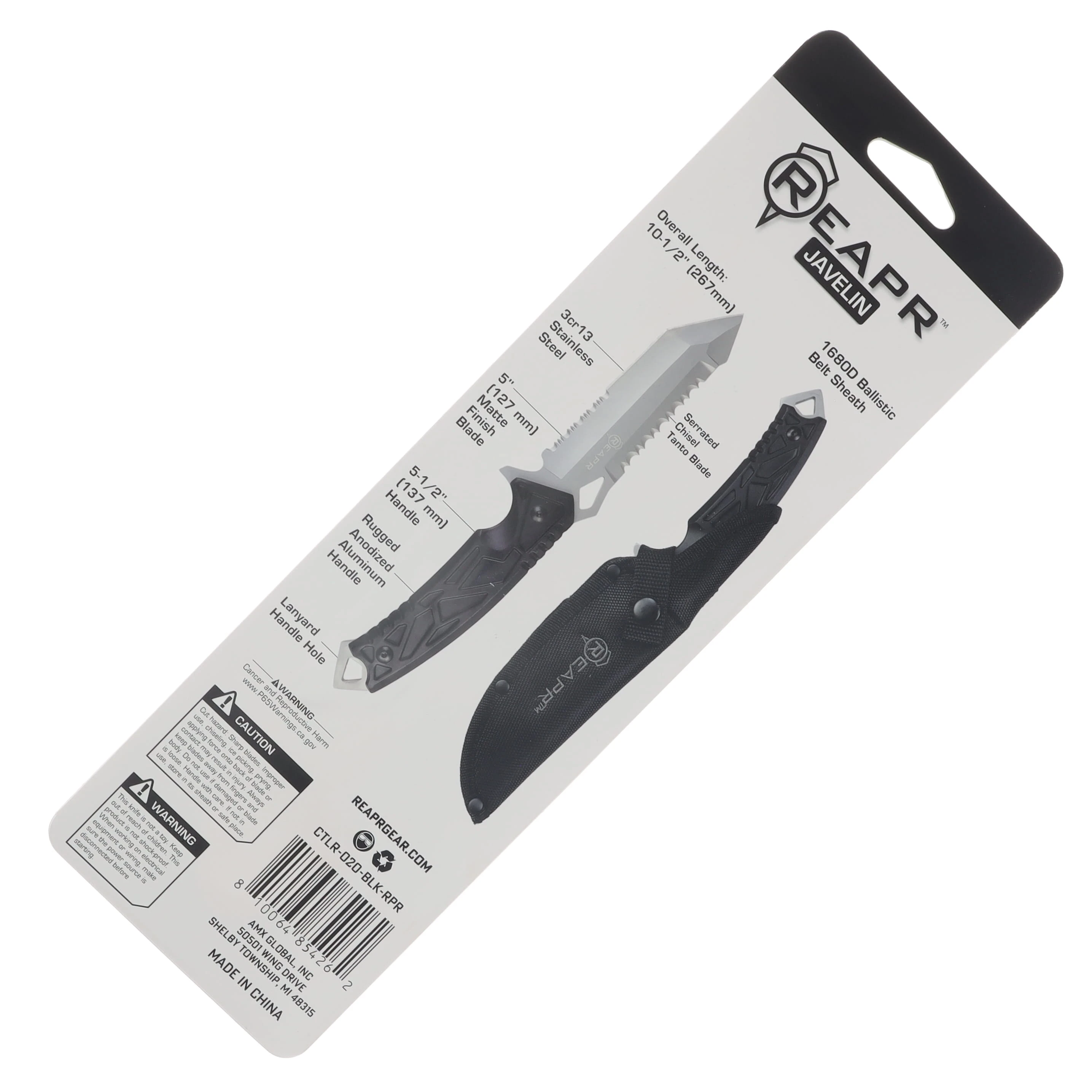 REAPR Javelin Fixed Blade Knife 5 Inch Partially Serrated Satin Tanto CTLR-020-BLK-RPR View 6