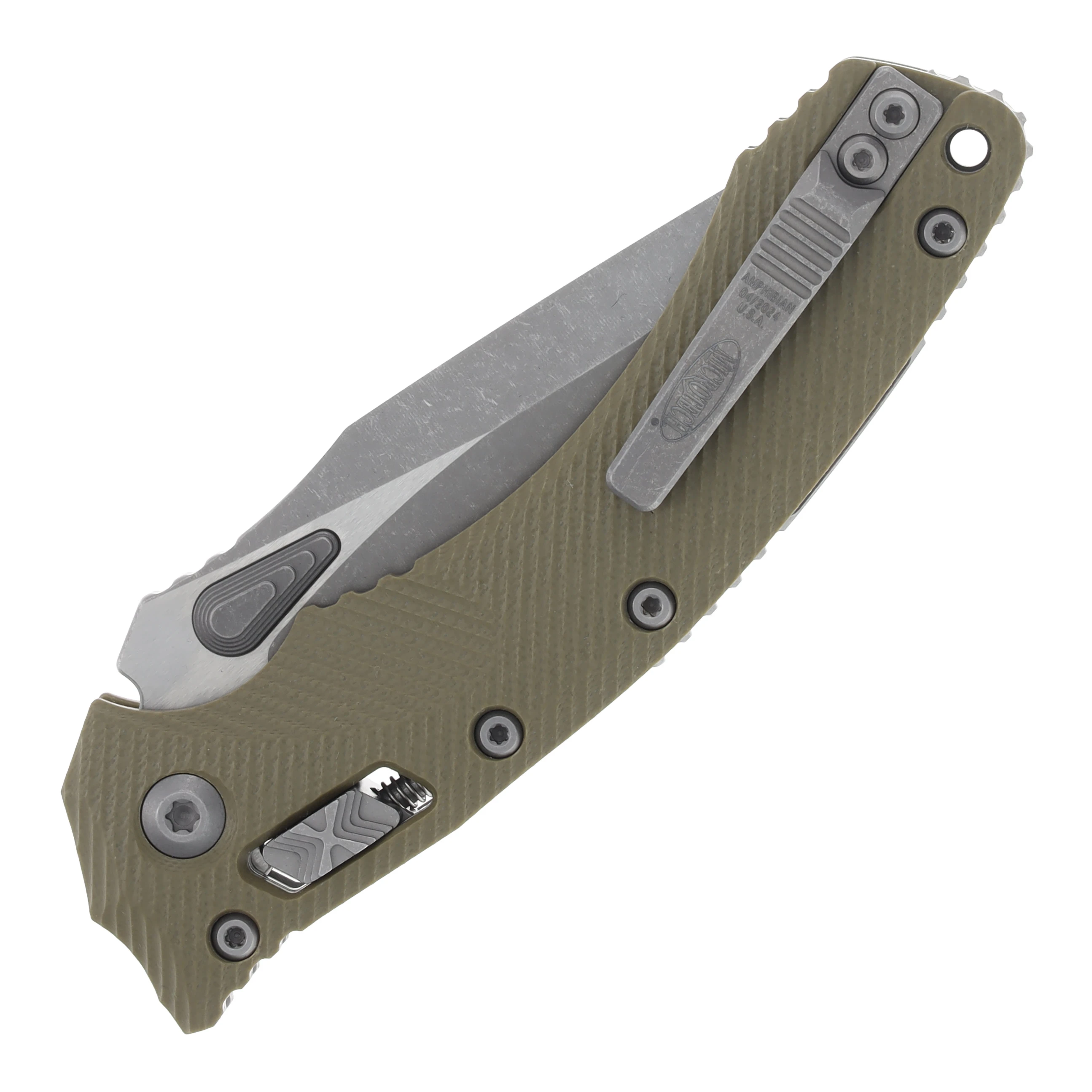 Microtech Amphibian Fluted OD Green Folding Knife 3.9in Drop Point MT137RL10APFLGTOD View 4