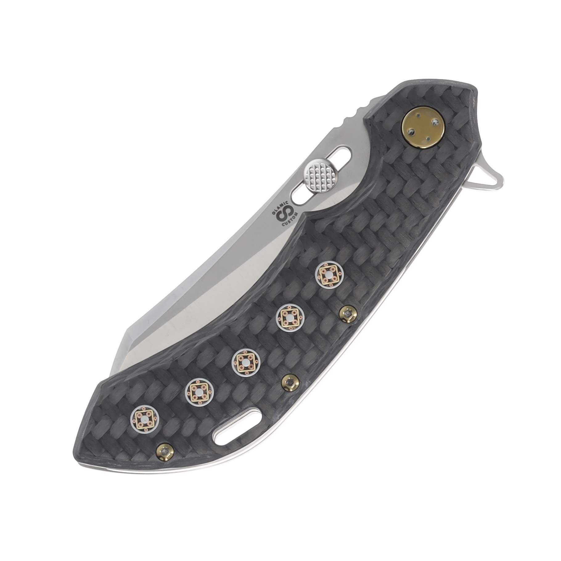 Olamic Wayfarer 247 Folding Knife Satin Wharning Satin Titanium/Dark Matter FatCarbon 137W View 5
