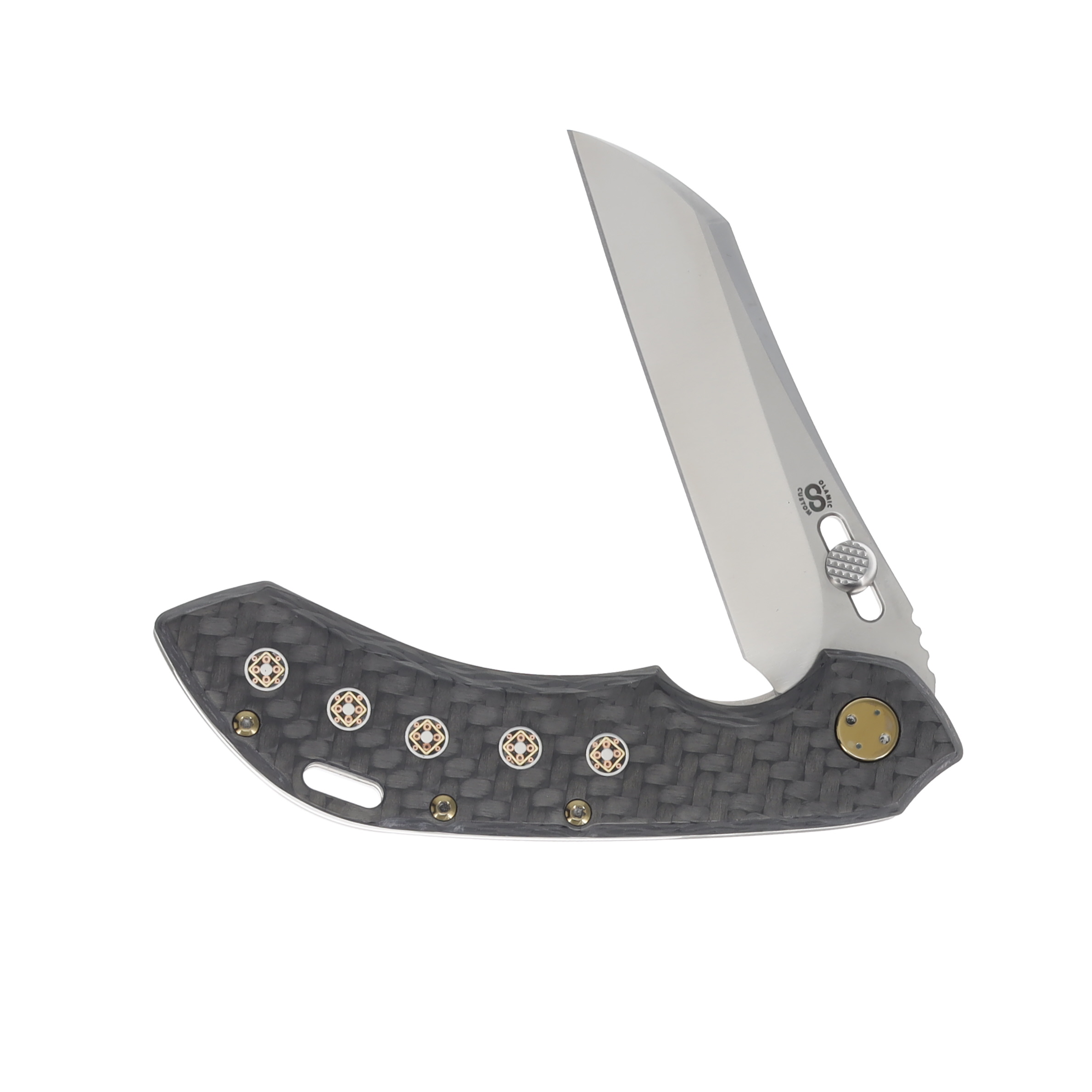 Olamic Wayfarer 247 Folding Knife Satin Wharning Satin Titanium/Dark Matter FatCarbon 137W View 3