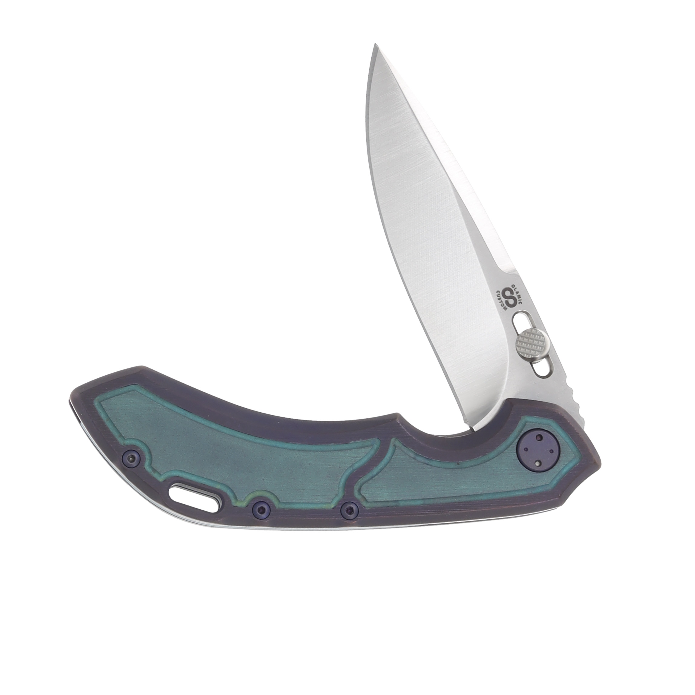 Olamic Wayfarer 247 Folding Knife Satin Purist Kinetic Purple/Green Frame Story Titanium 178P View 4