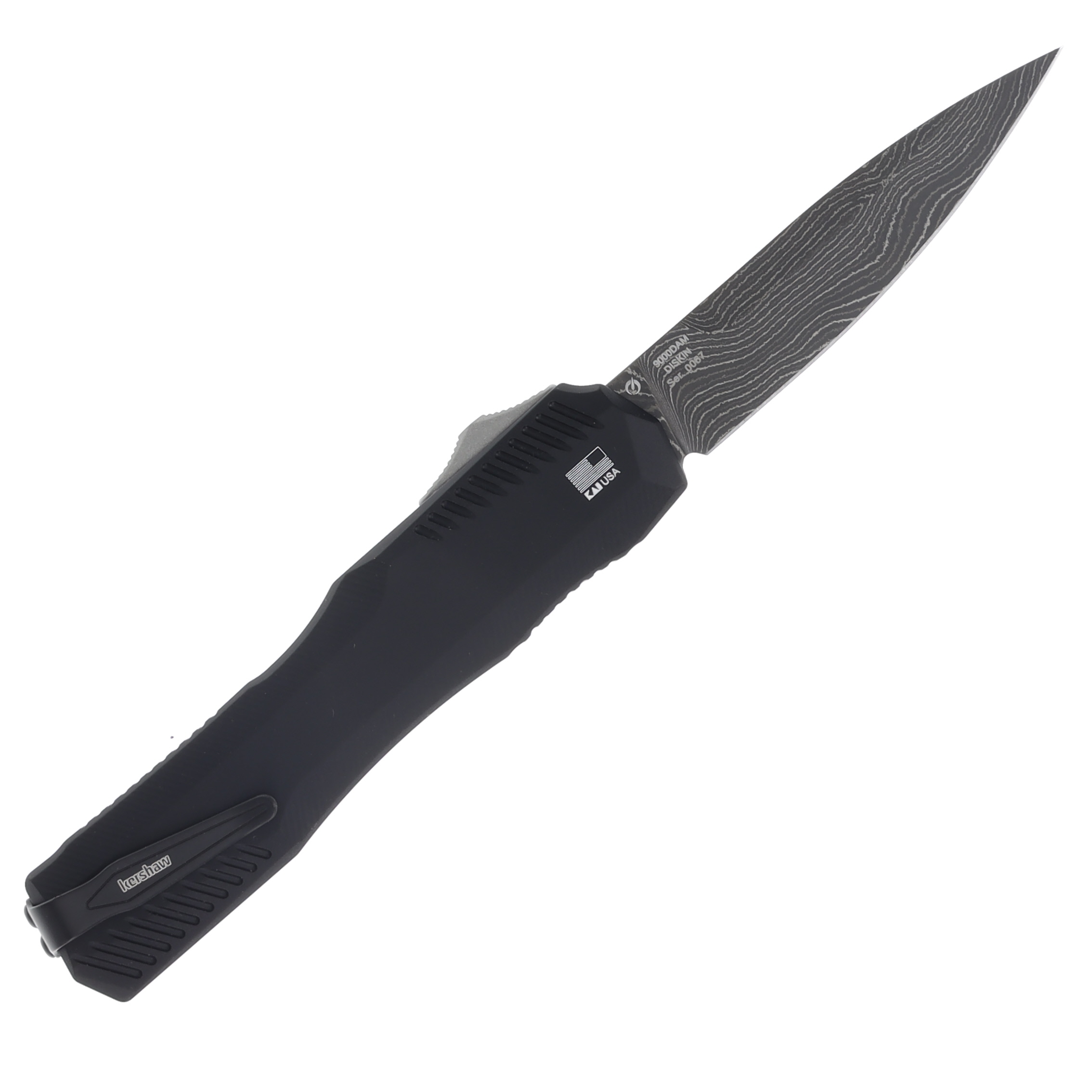 Kershaw Livewire OTF Auto Knife Black - 3.3in Damascus Acid Etch Spear Point S/E Plain AUKS9000DAM View 2