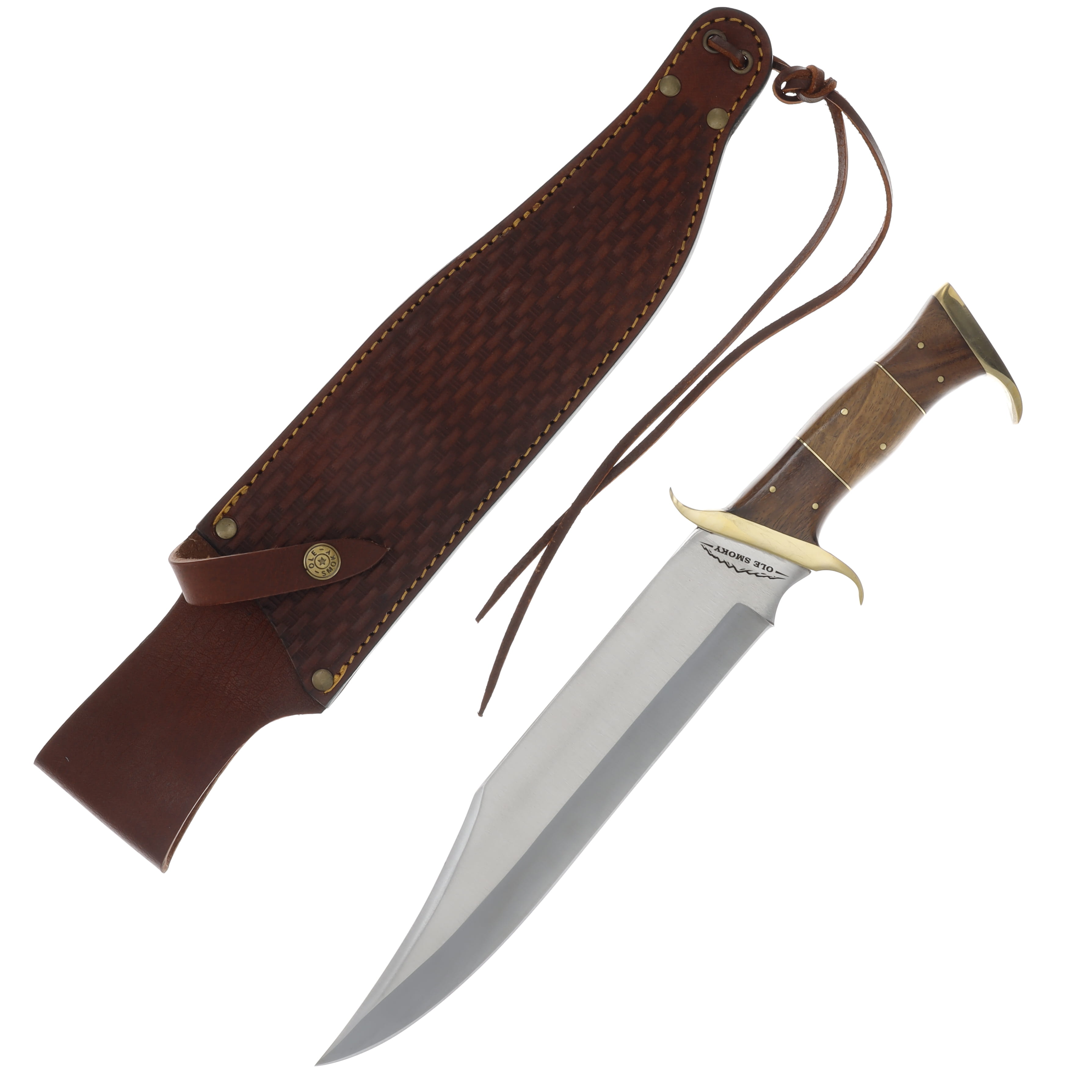 Ole Smoky Clip Point Fixed Blade Hunting Knife with Leather Sheath Wood/Brass OS403 View 1