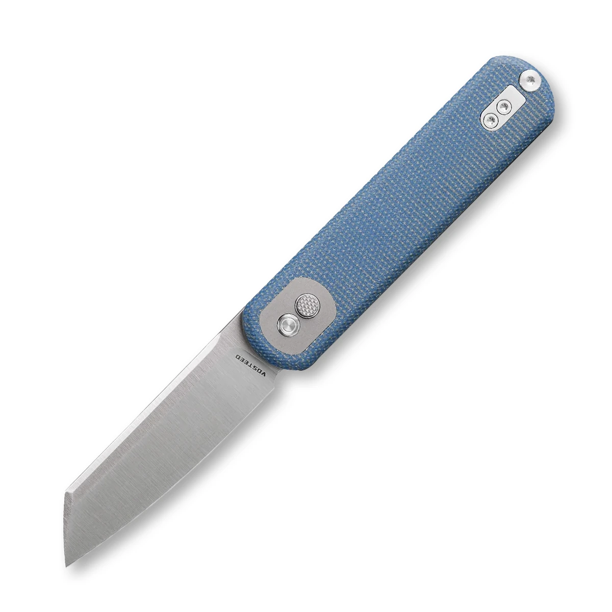 Vosteed Corgi Button Lock Folding Knife Satin Sheepsfoot/Blue Micarta A0725 View 1