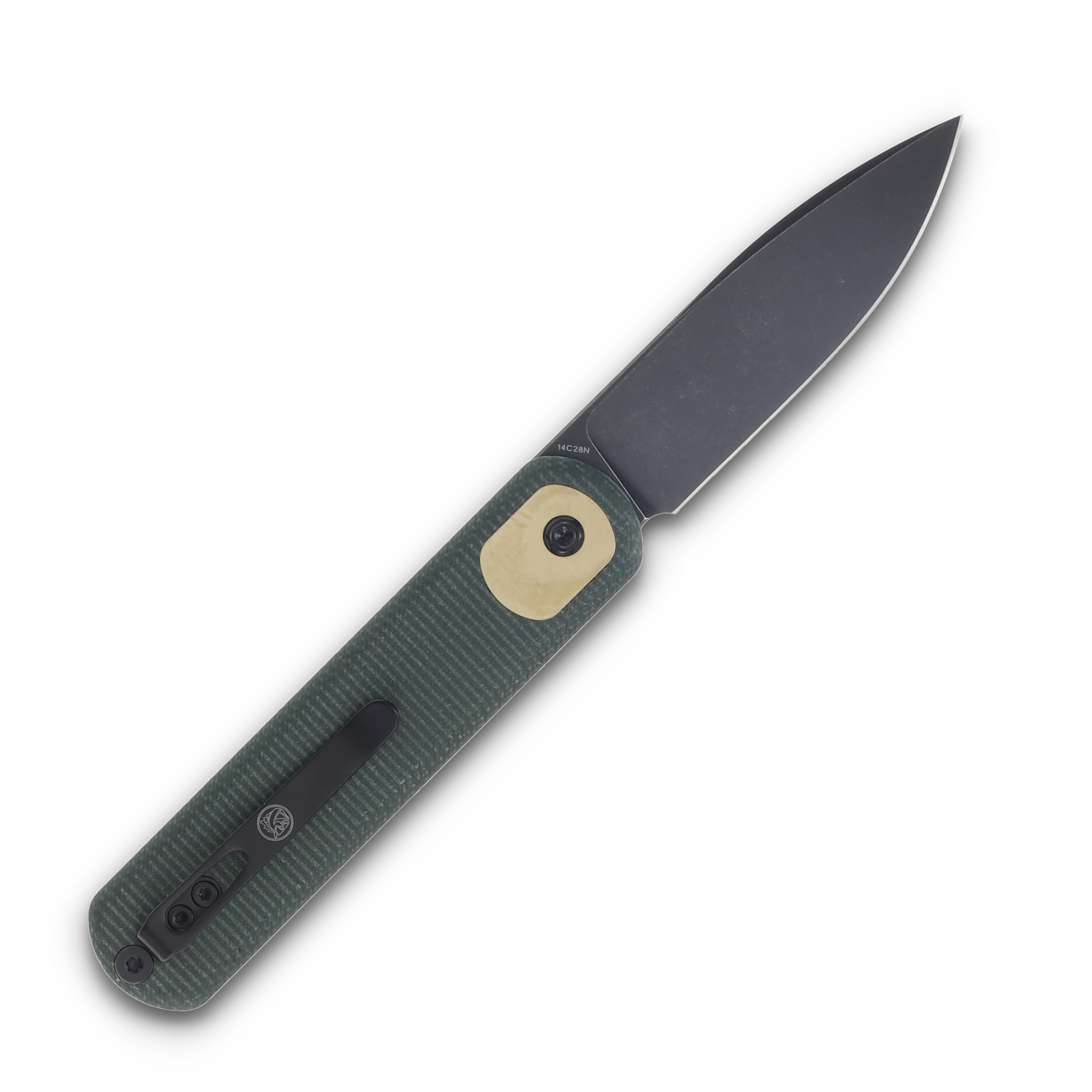 Vosteed Corgi Button Lock Folding Knife Black Stonewash Drop Point/Green Micarta CG3SVM1 View 2