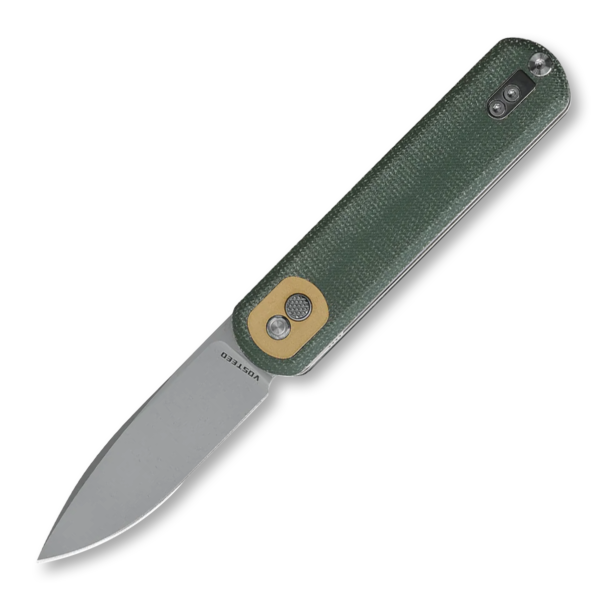 Vosteed Corgi Button Lock Folding Knife Stonewash Drop Point/Green Micarta CG3SVM3 View 1