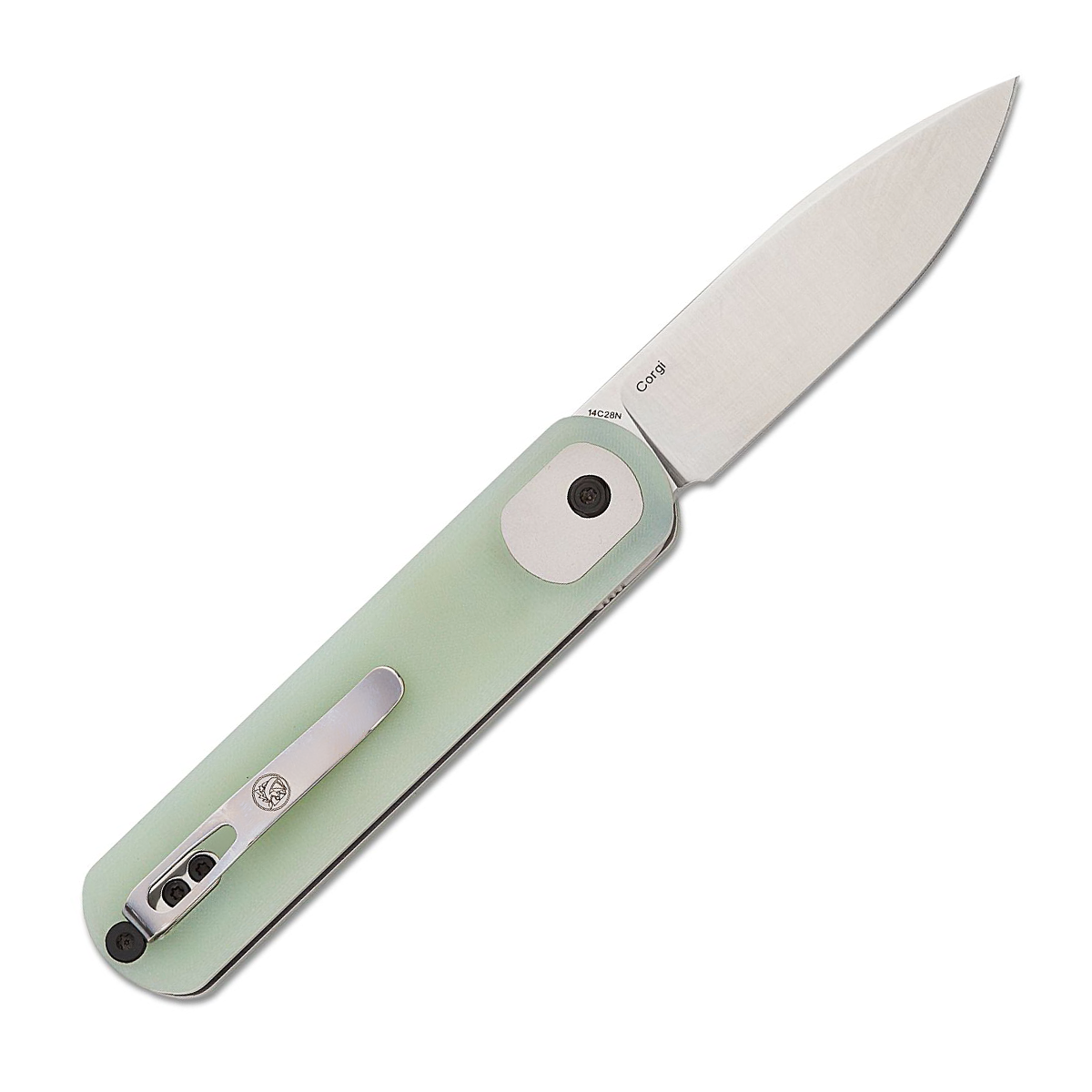 Vosteed Corgi Button Lock Folding Knife Satin Drop Point/Jade G-10 CG3S02 View 2