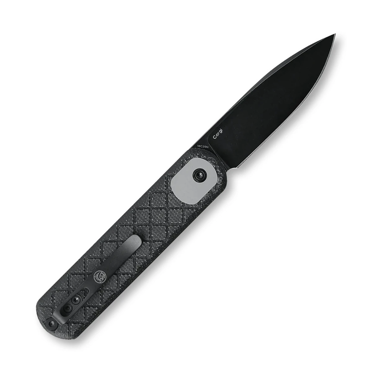 Vosteed Corgi Button Lock Folding Knife Black Stonewash Drop Point/Black Micarta CG3S05 View 2